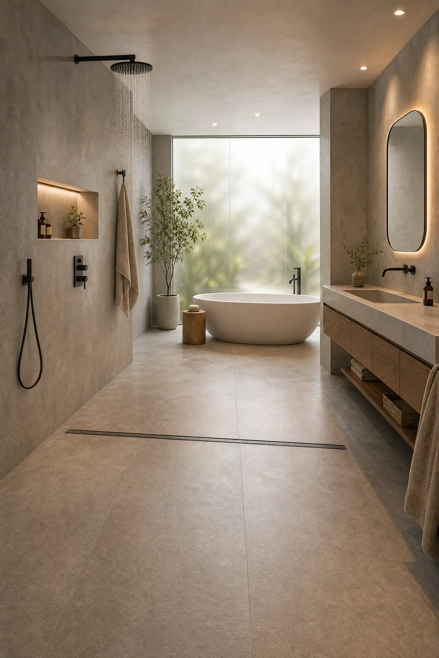 try a wet room layout in a bathroom