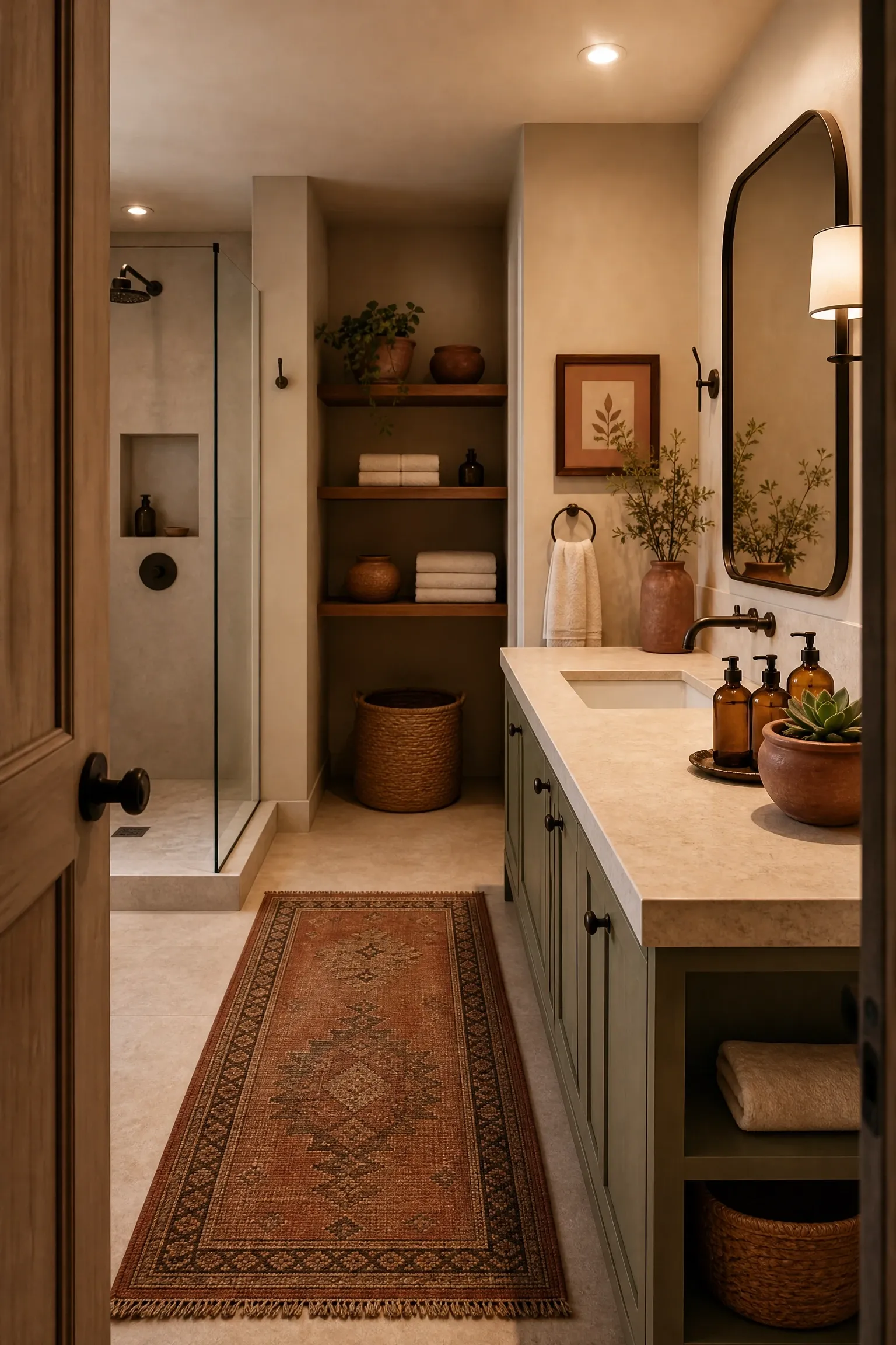 use a neutral, earthy color palette in a bathroom