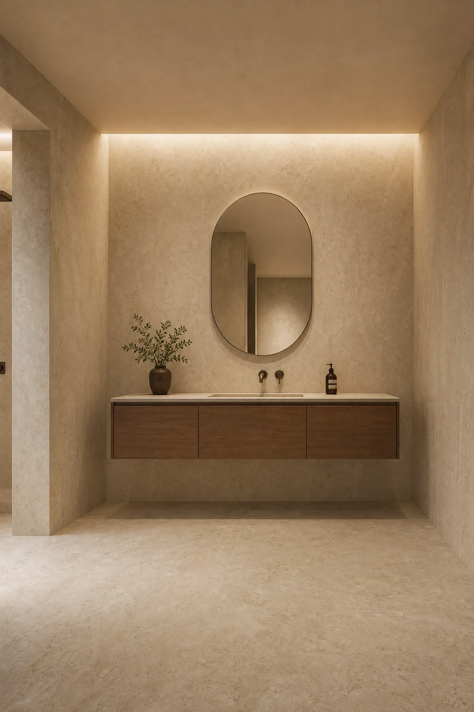 use large-format tiles to calm visual noise in a bathroom