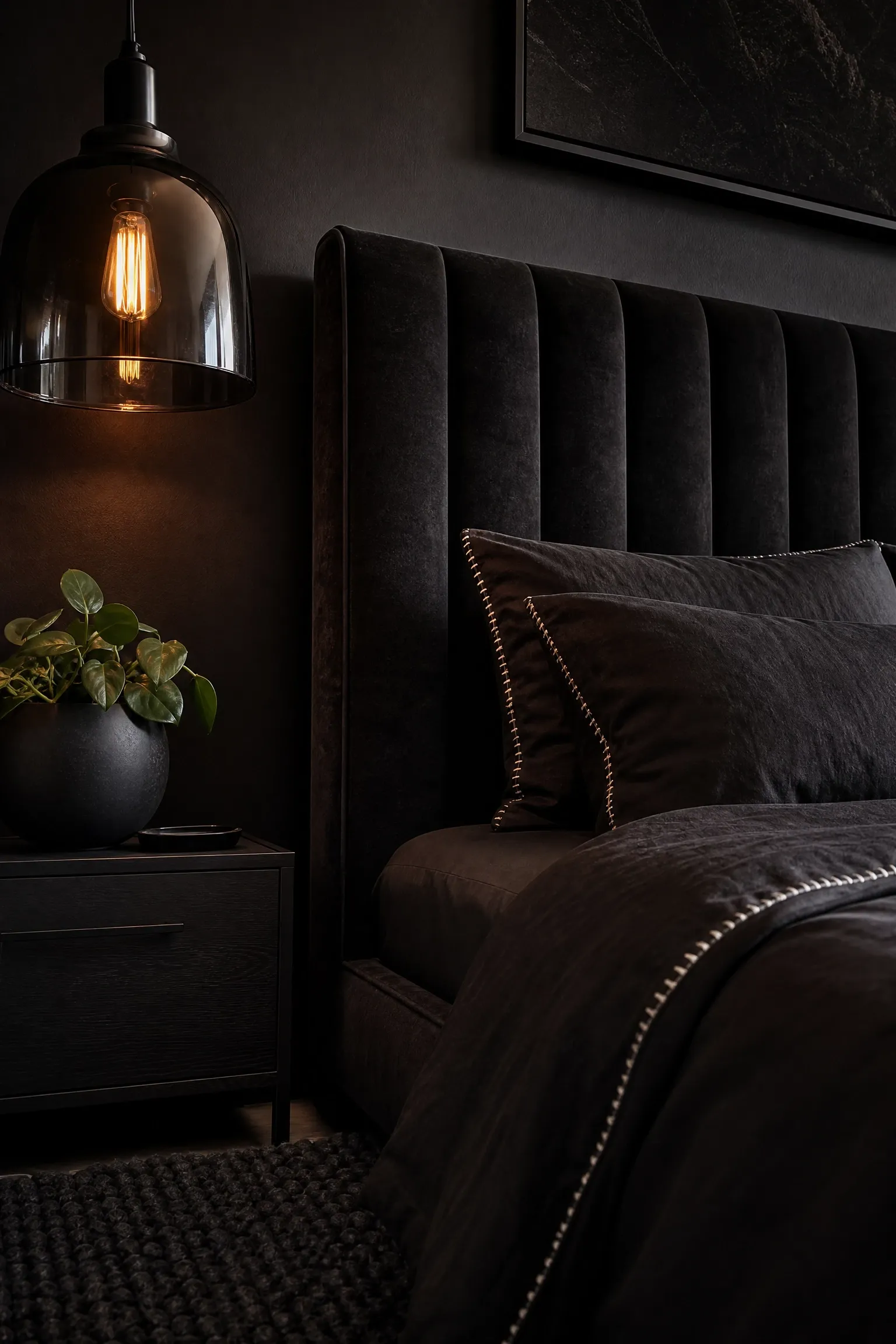 all-black color scheme with textural variety in a bedroom