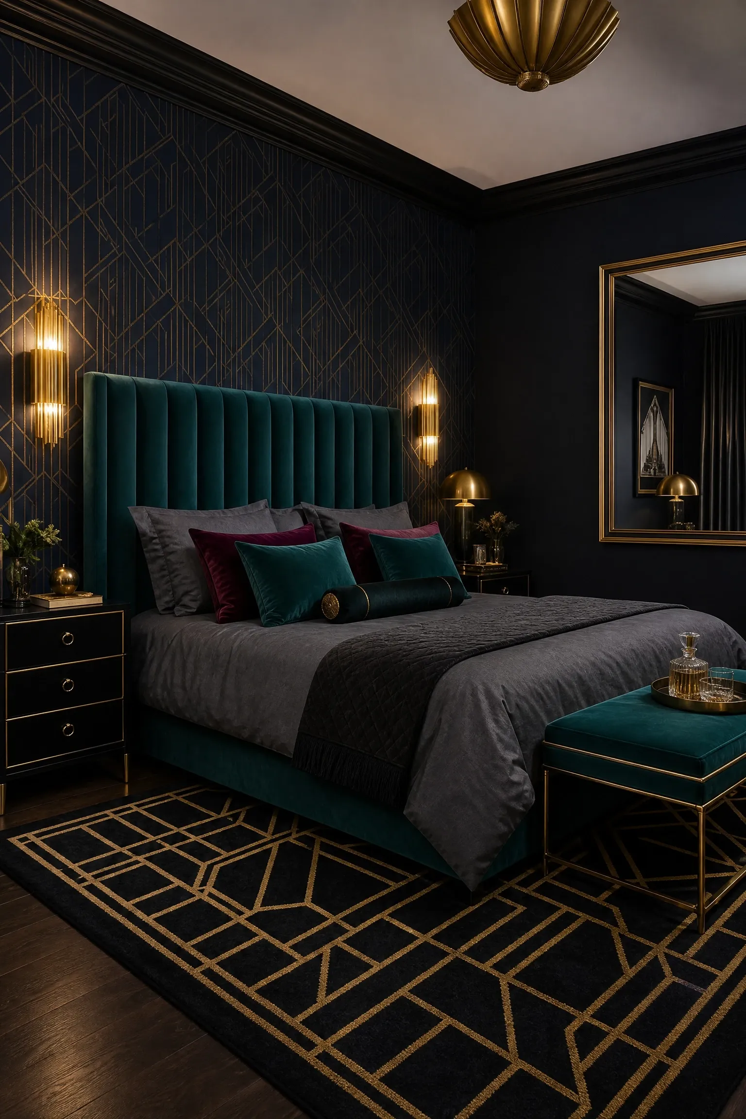 art deco bedroom with geometric details and gold accents