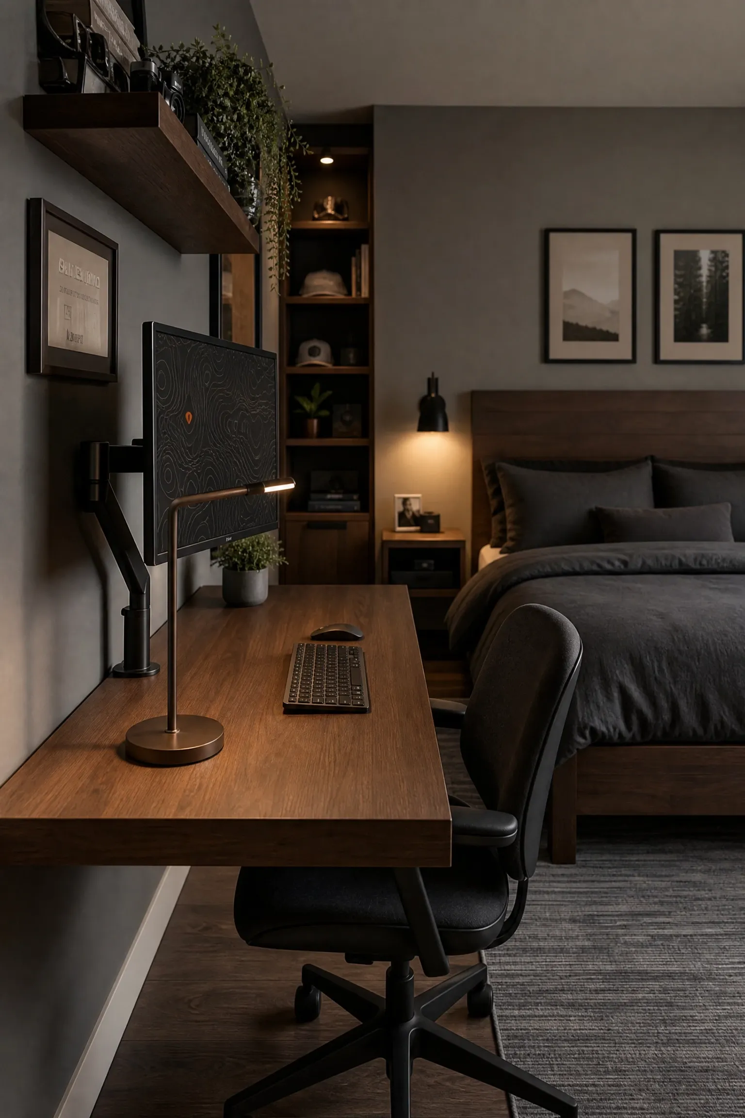 bedroom with integrated home office that does not look like a desk dump