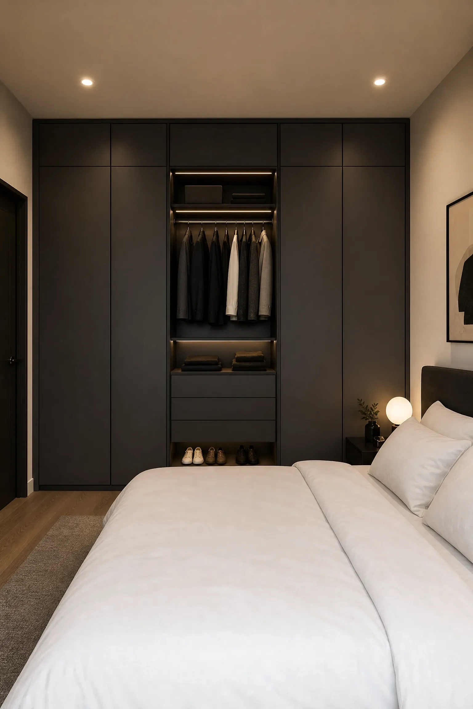 built-in wardrobe alcove with integrated lighting in a bedroom