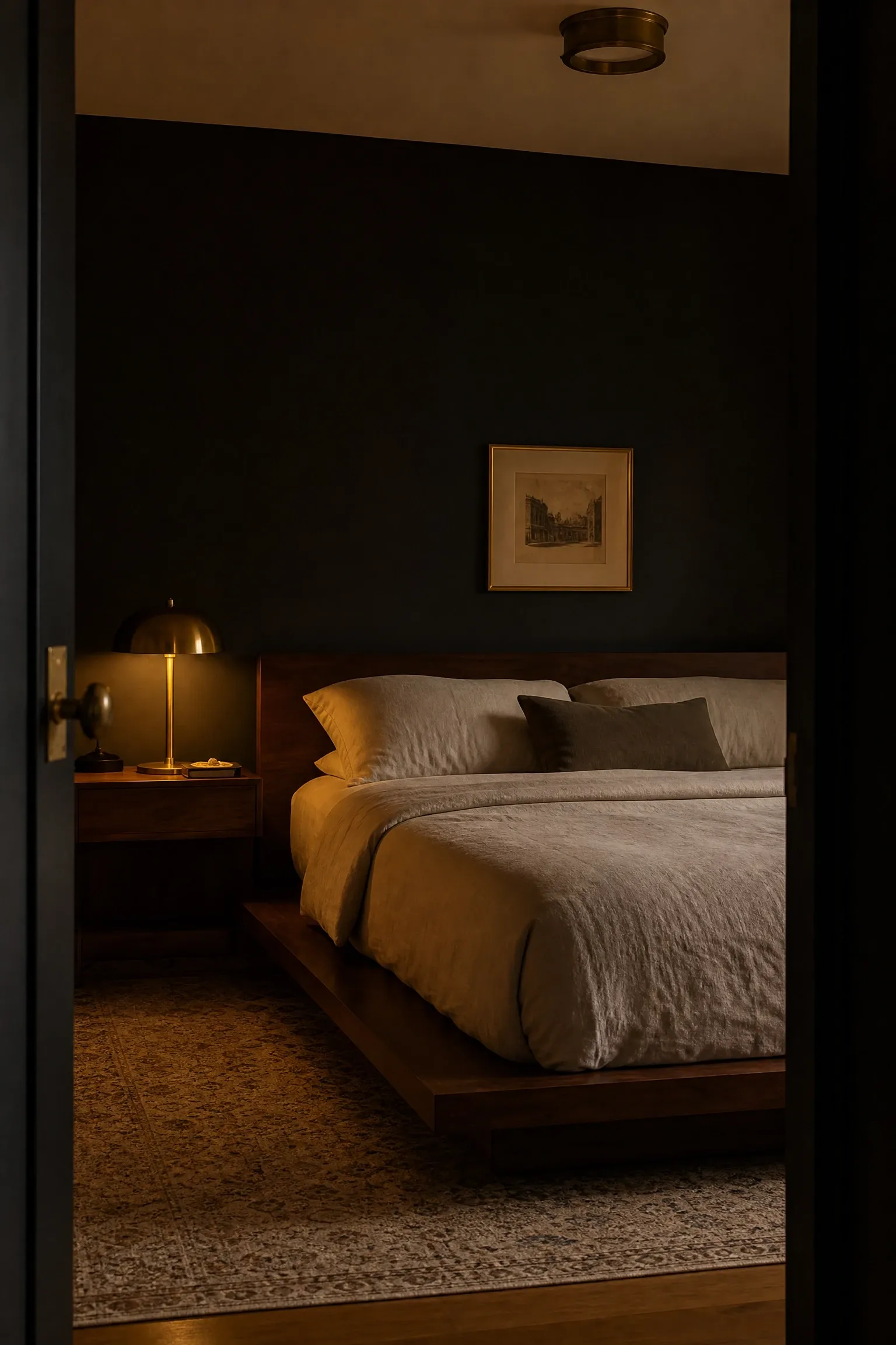 charcoal walls with warm brass hardware in a bedroom
