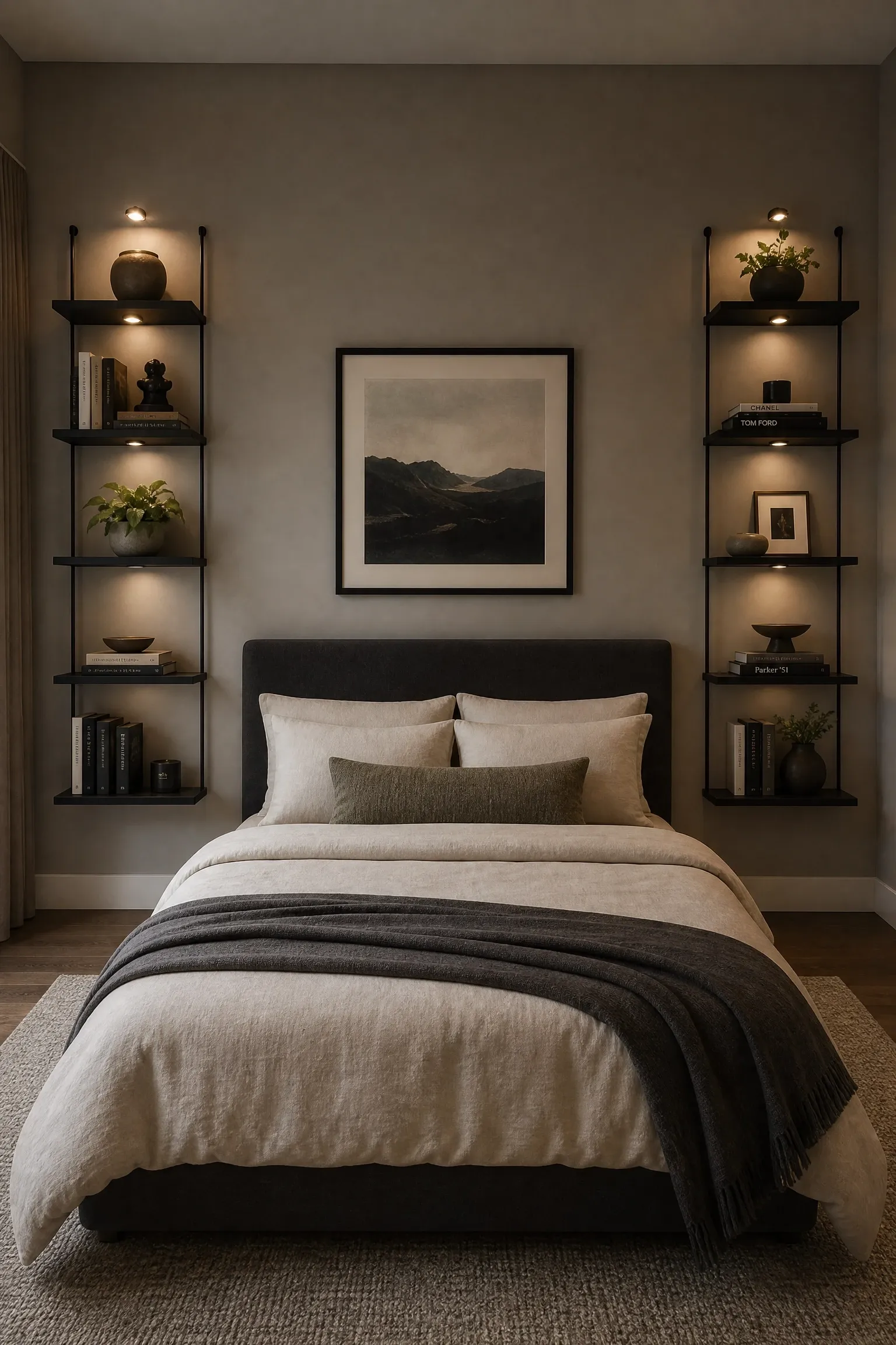 collector's bedroom with intentional display shelving