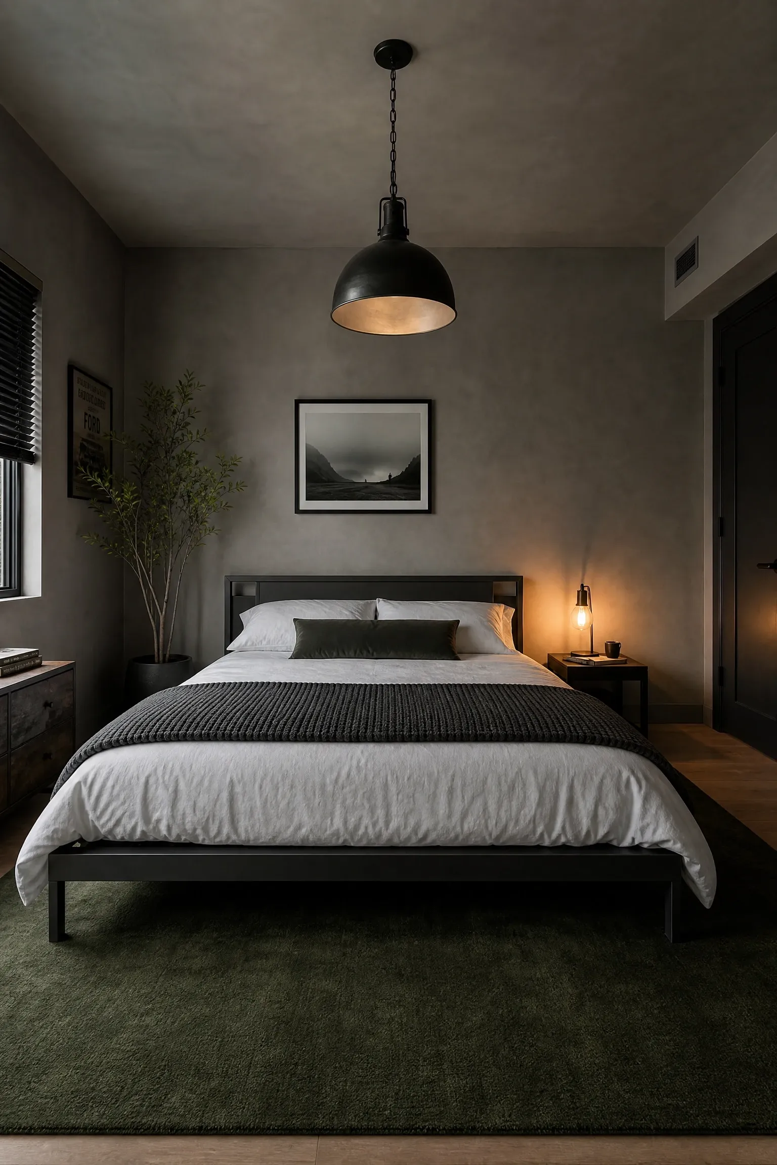 concrete-effect walls with dark steel accents in a bedroom