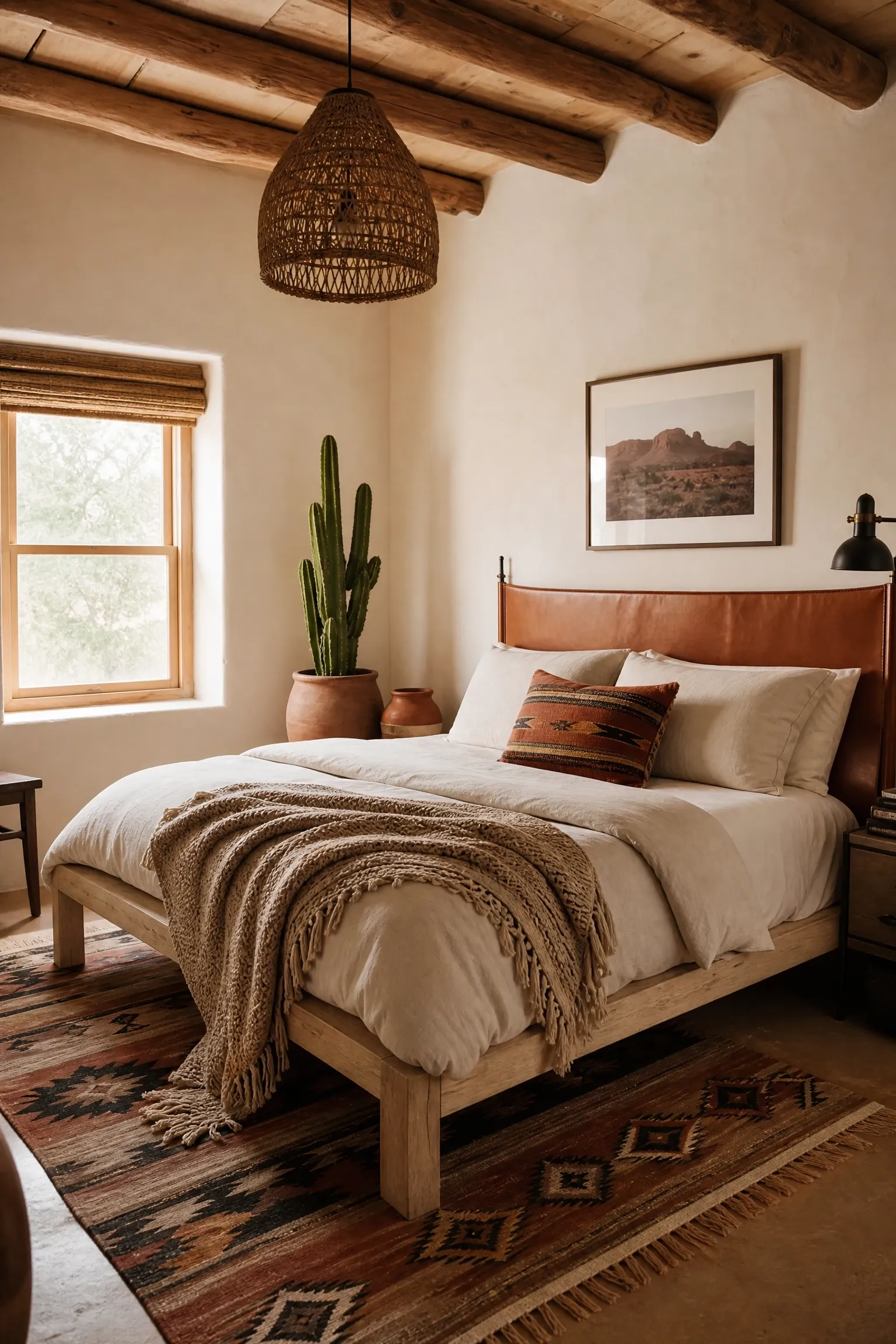 desert southwest bedroom with adobe tones and woven textiles