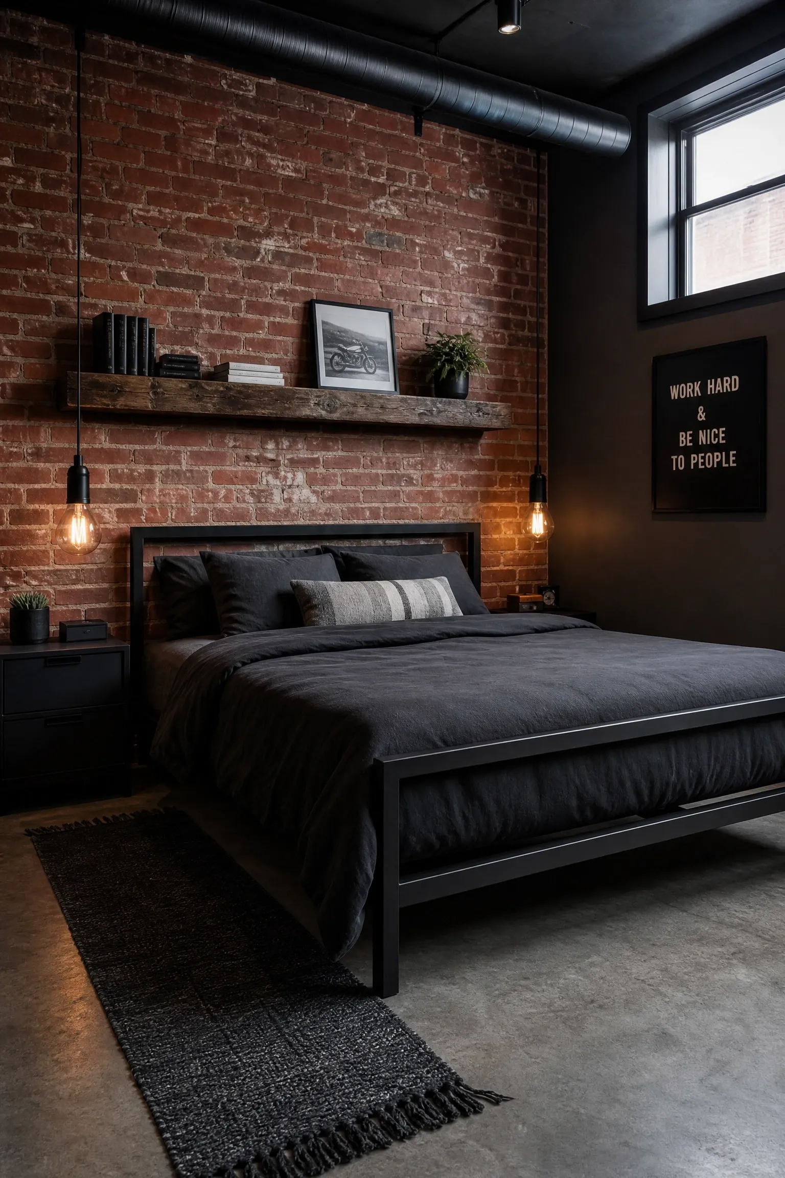 exposed brick feature wall with metal bed frame in a bedroom