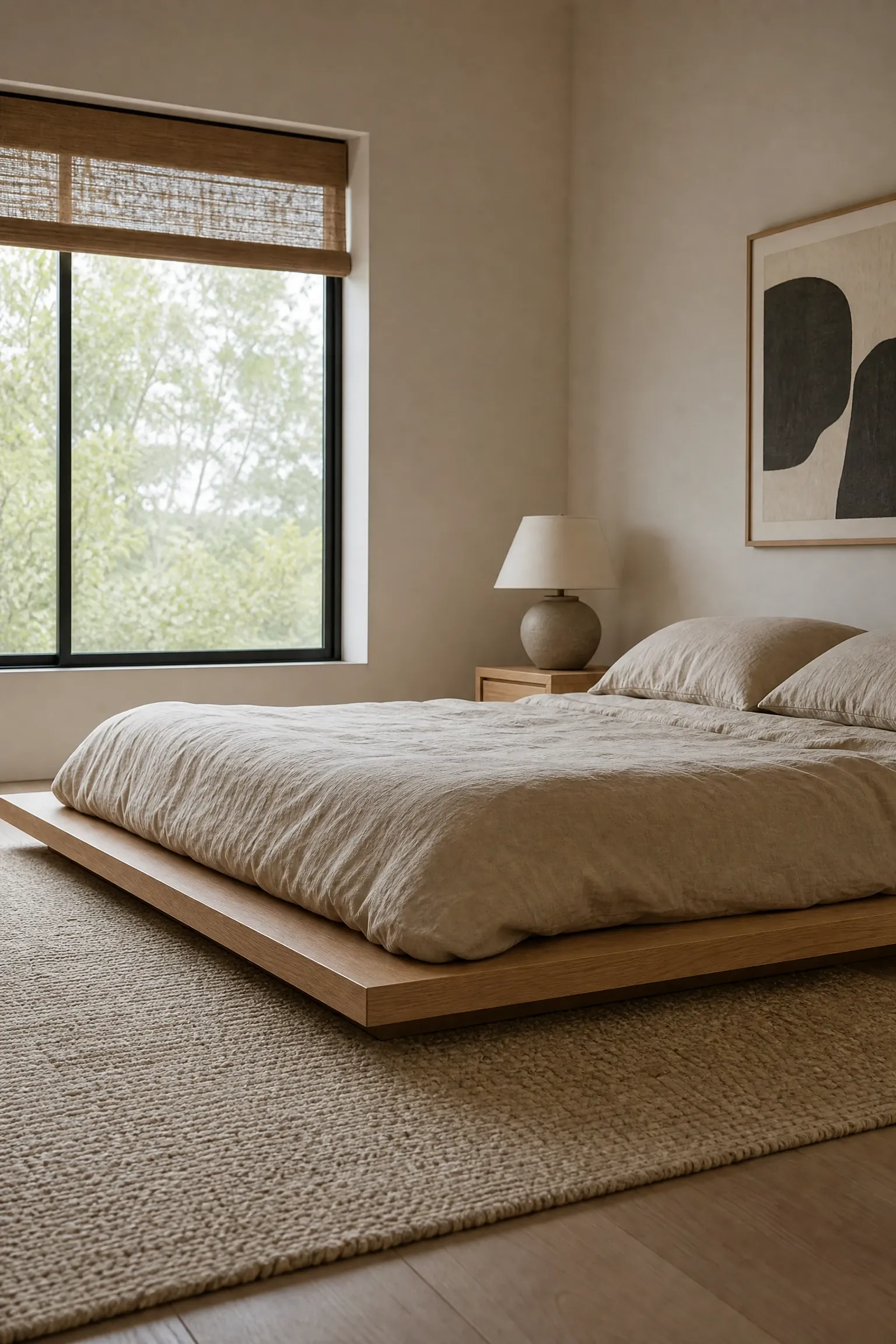 japandi style with low furniture and warm neutrals in a bedroom