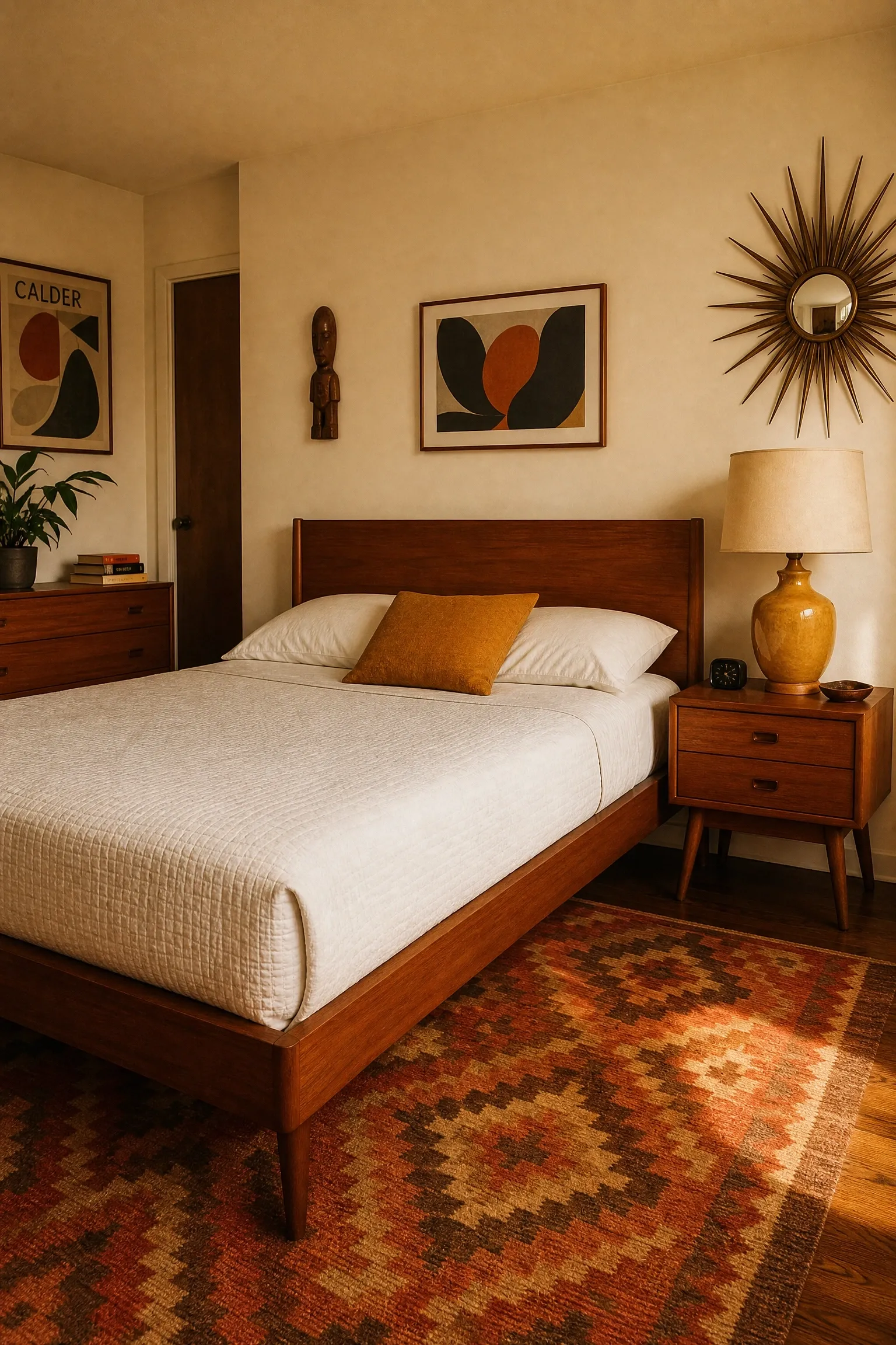 mid-century modern bedroom with teak and mustard yellow