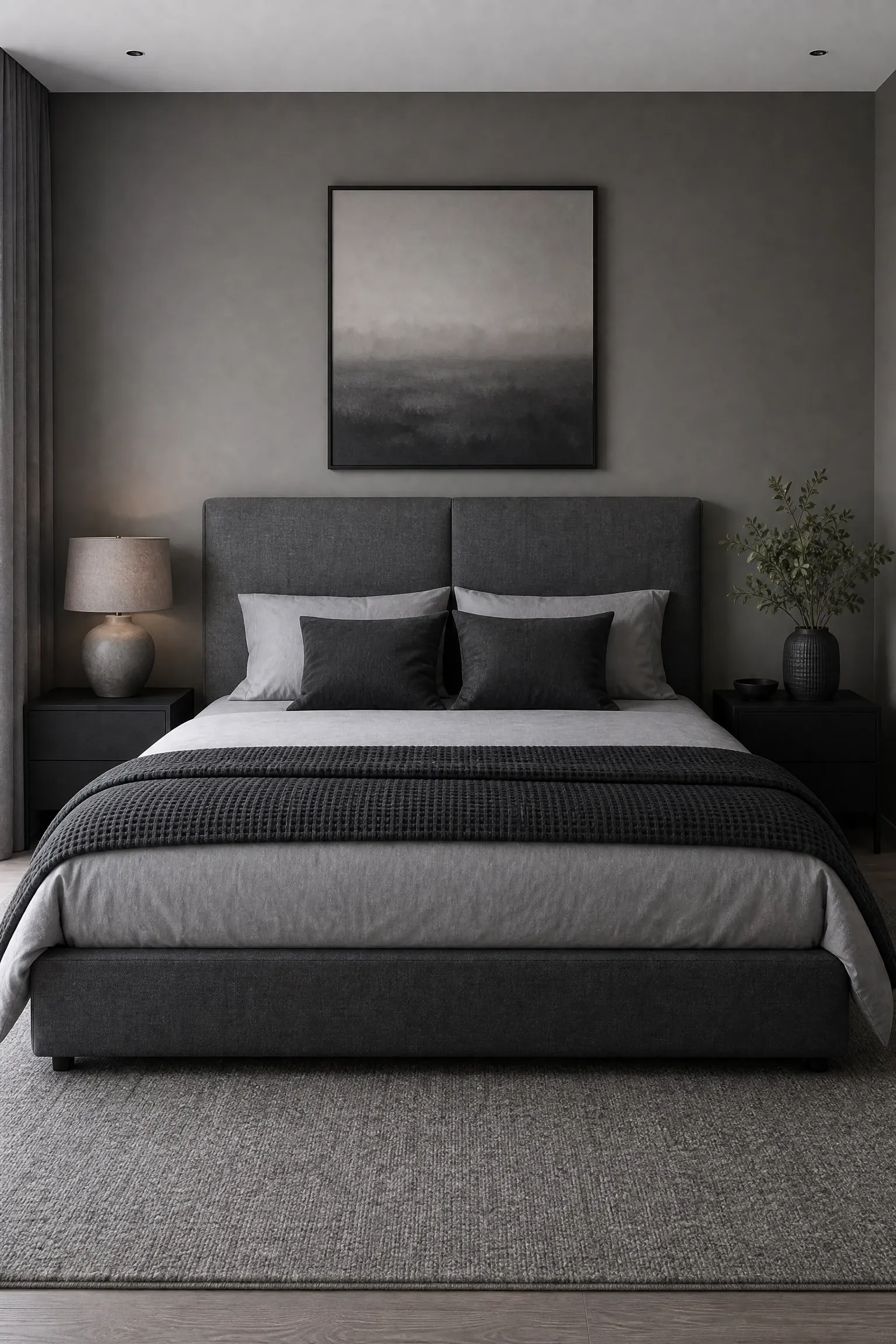 monochrome grey minimalism with layered textures in a bedroom