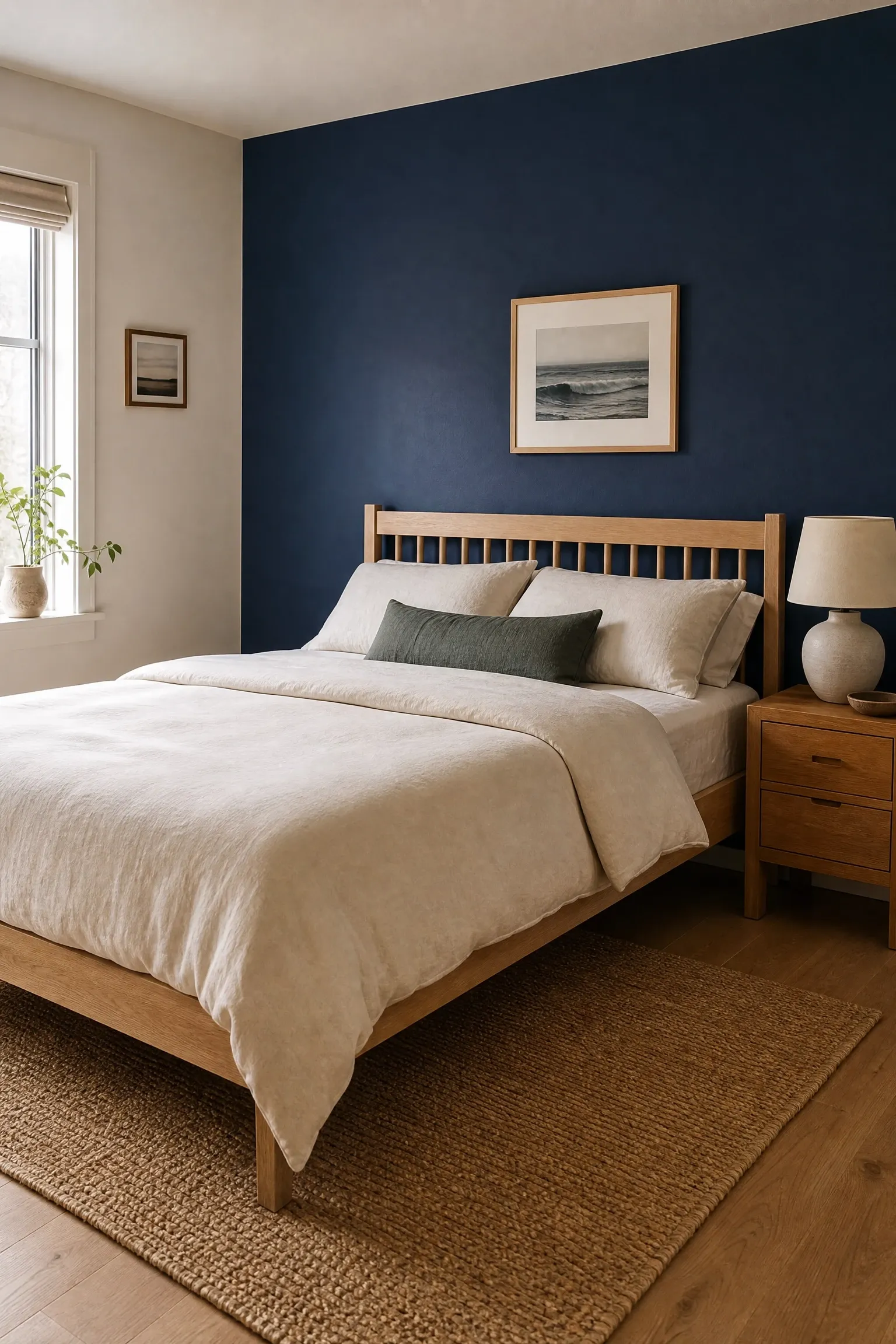 navy blue statement wall with natural wood furniture in a bedroom
