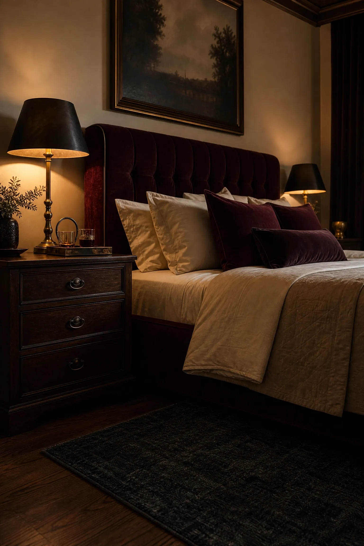 rich burgundy and dark wood for a moody warm look in a bedroom