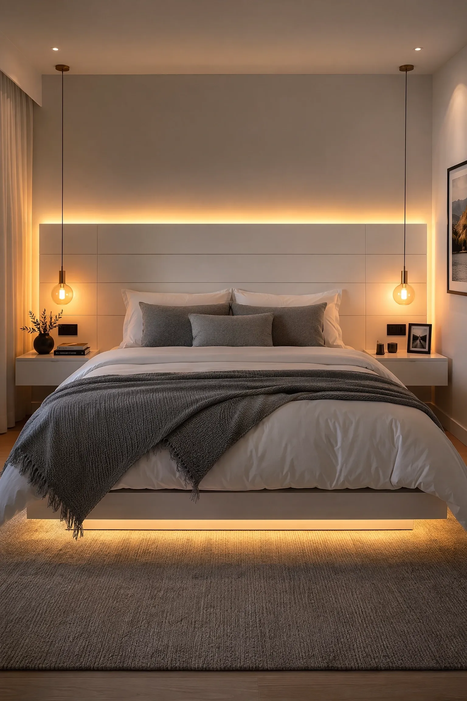 sleek white and grey modern bedroom with accent lighting