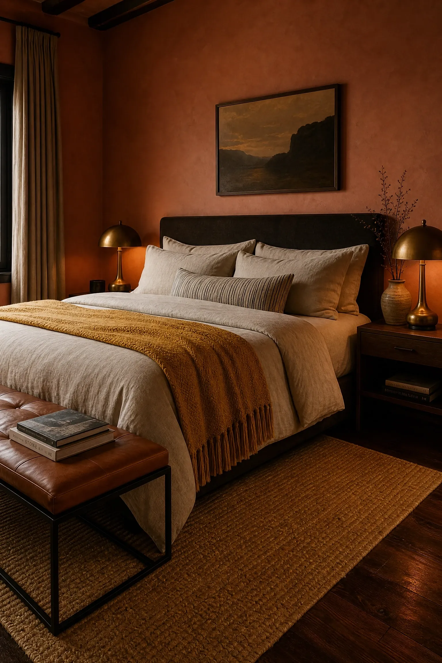 terracotta and warm ochre palette with leather accents in a bedroom
