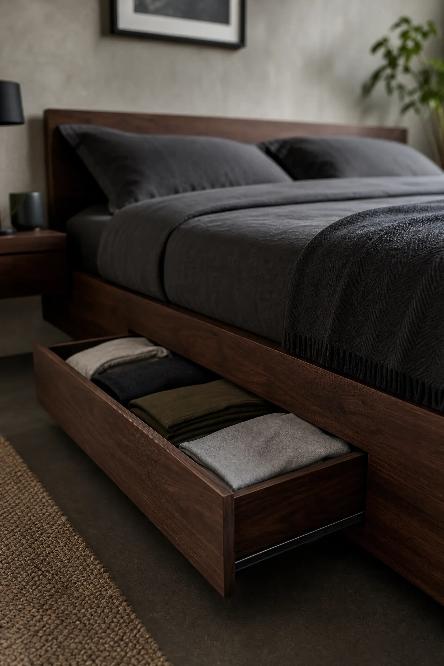 under-bed storage bed frame with clean profile in a bedroom
