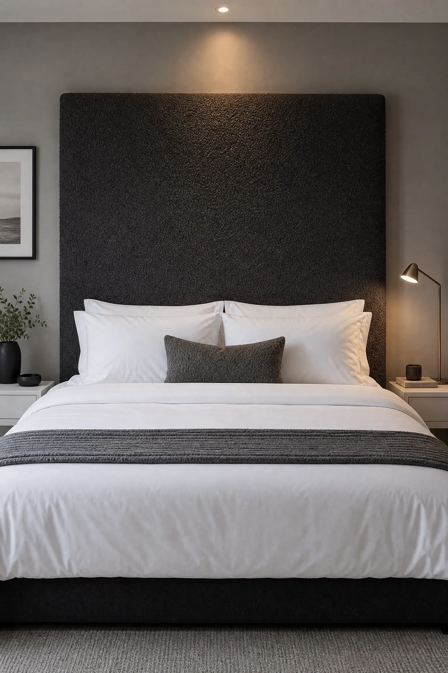 upholstered headboard statement with tailored bedding in a bedroom