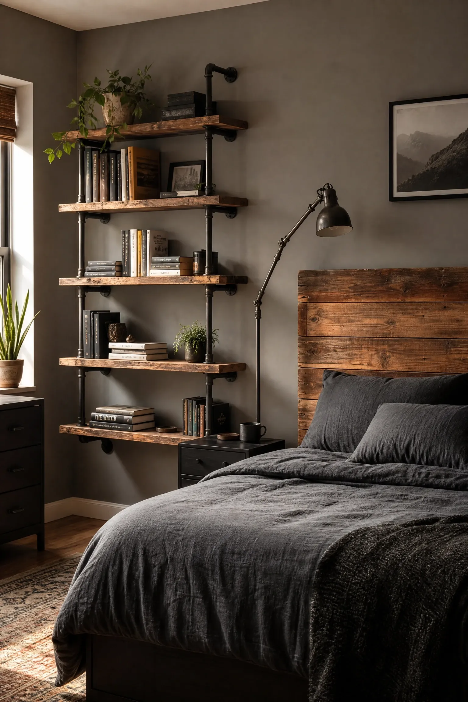 urban industrial with reclaimed wood and pipe shelving in a bedroom