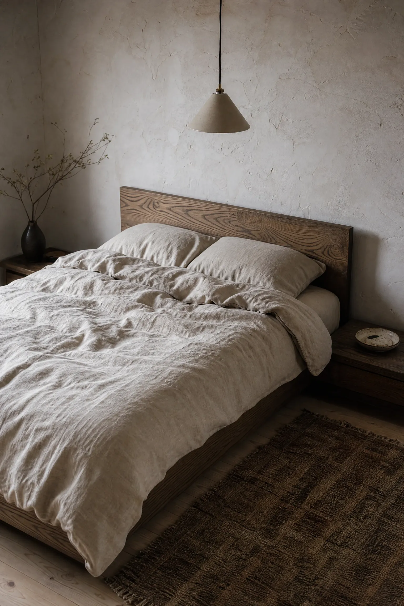 wabi-sabi minimalism with raw plaster and linen in a bedroom