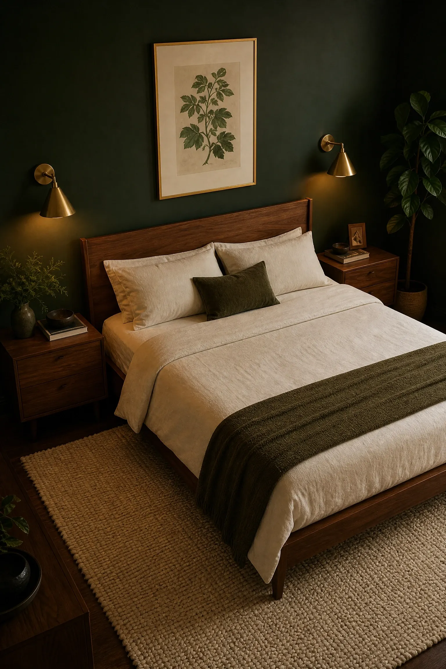 warm walnut furniture with forest green walls in a bedroom