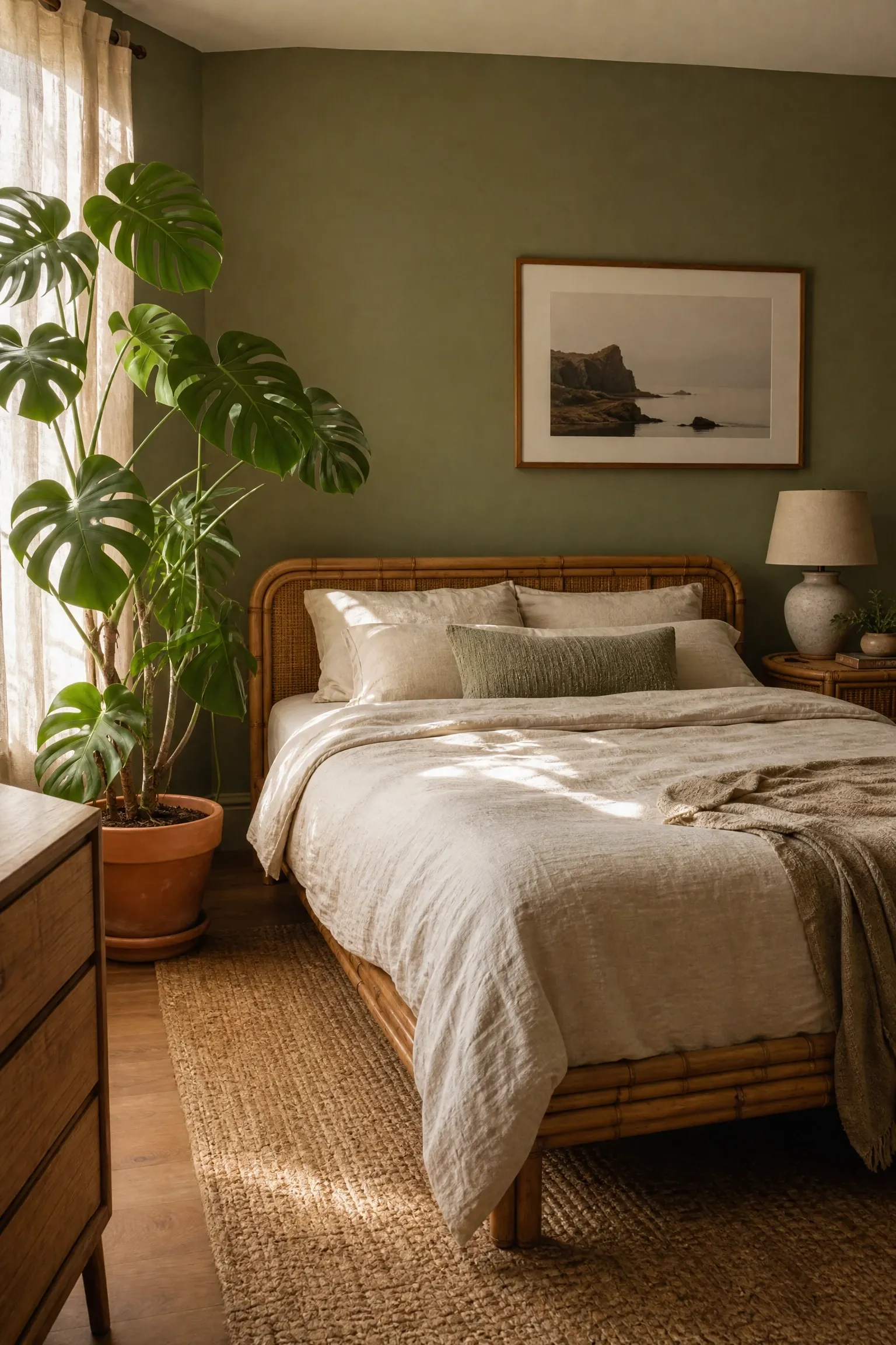 zen-inspired bedroom with natural materials and indoor plants