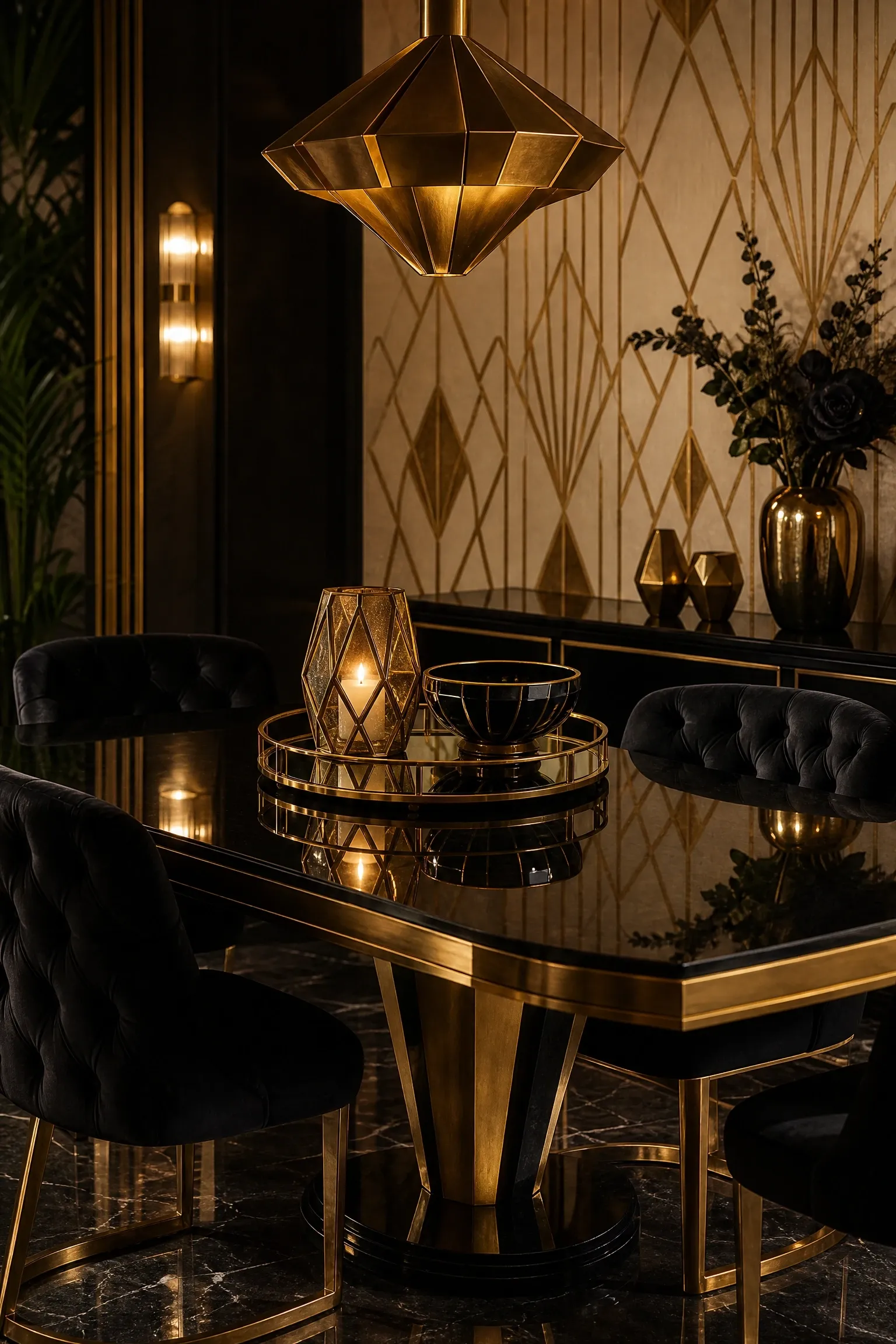art deco glamour with geometric accents and black and gold