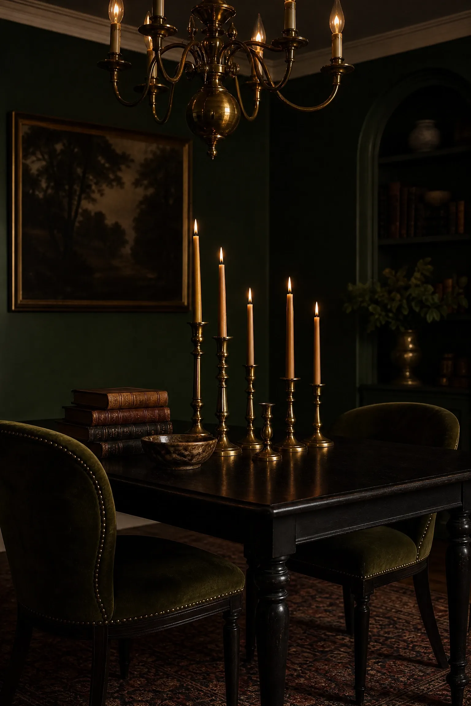 dark academia mood with brass and deep greens