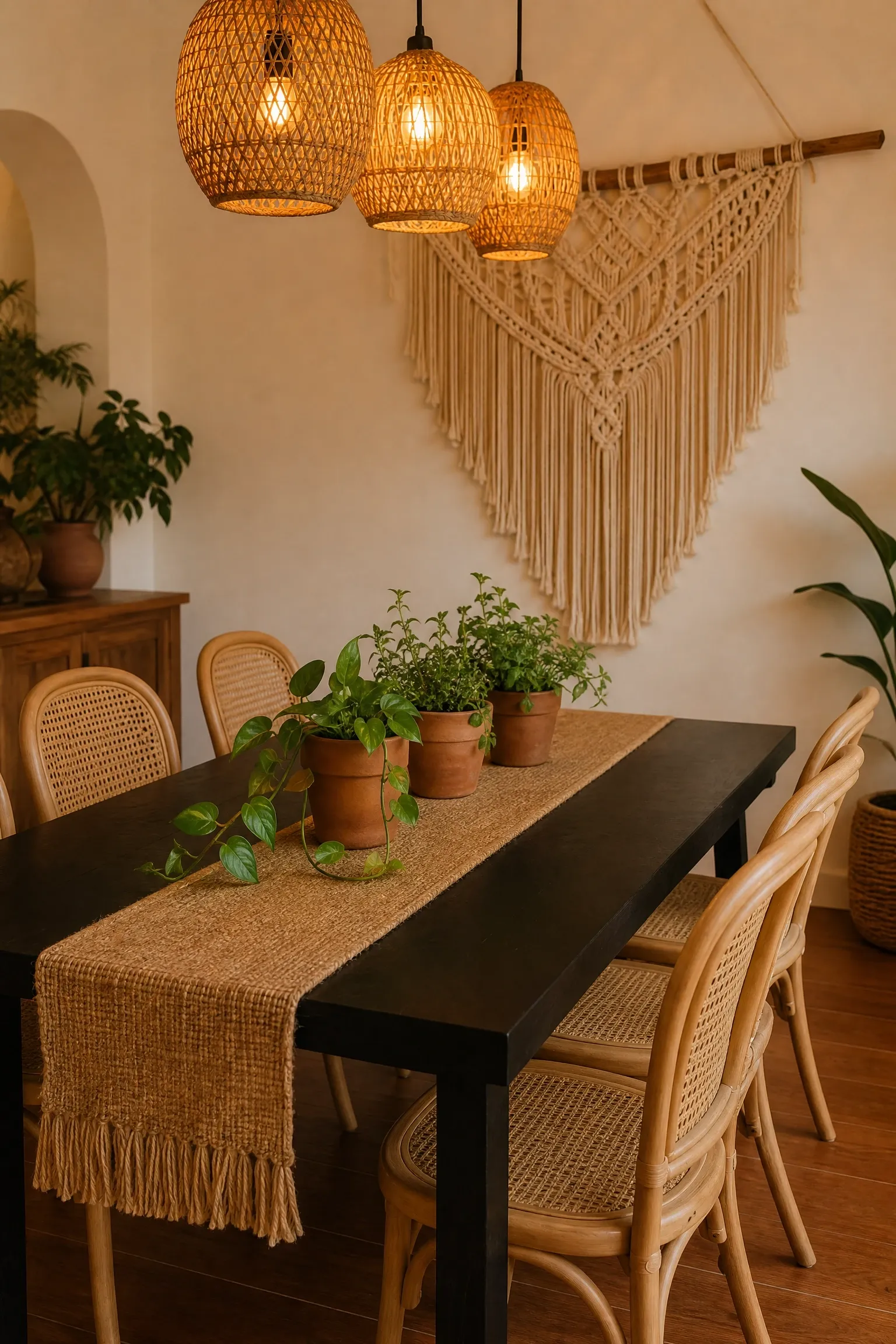 earthy boho look with rattan, terracotta, and macrame