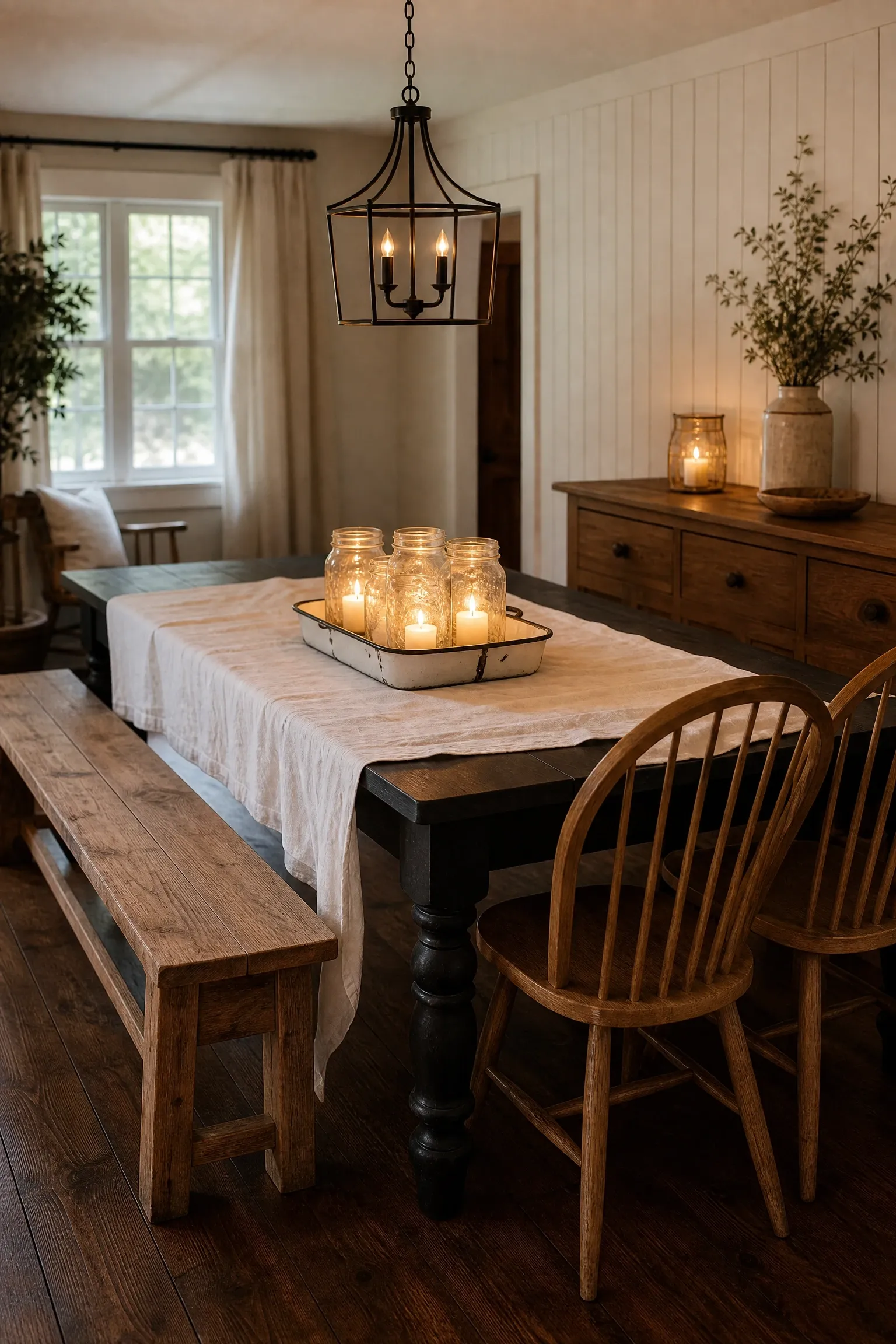 farmhouse style with shiplap, linen, and candlelight