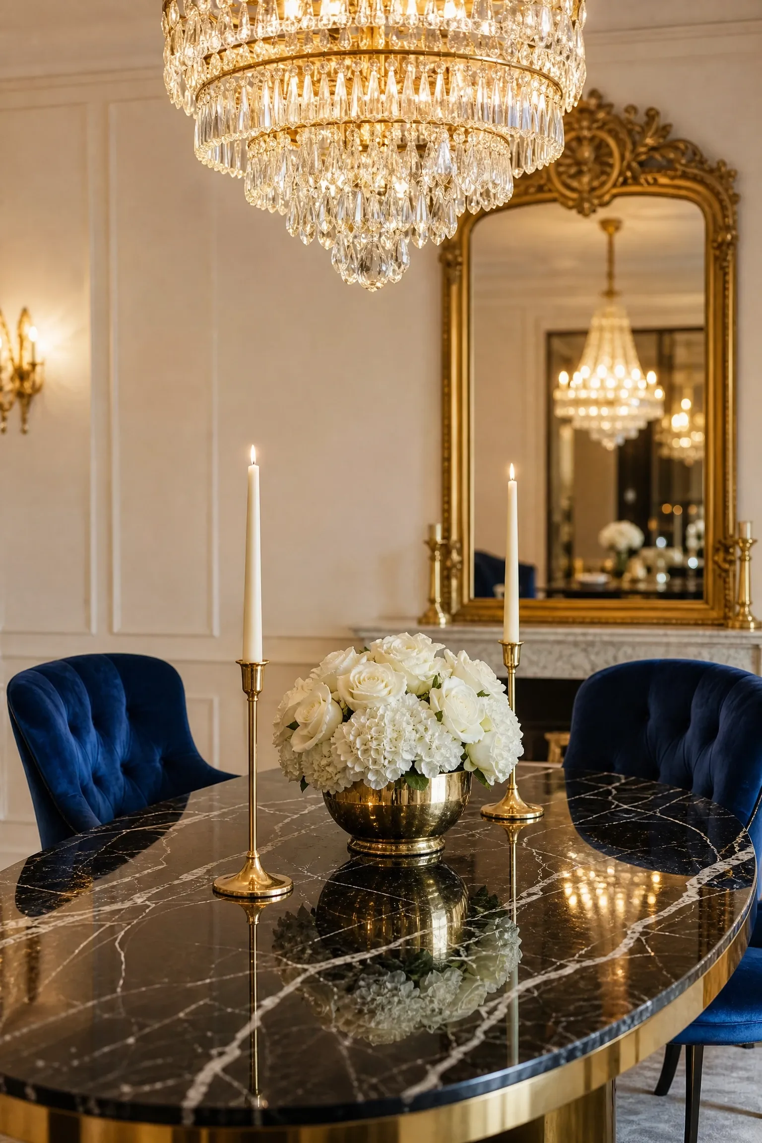 luxe black marble table with a statement chandelier