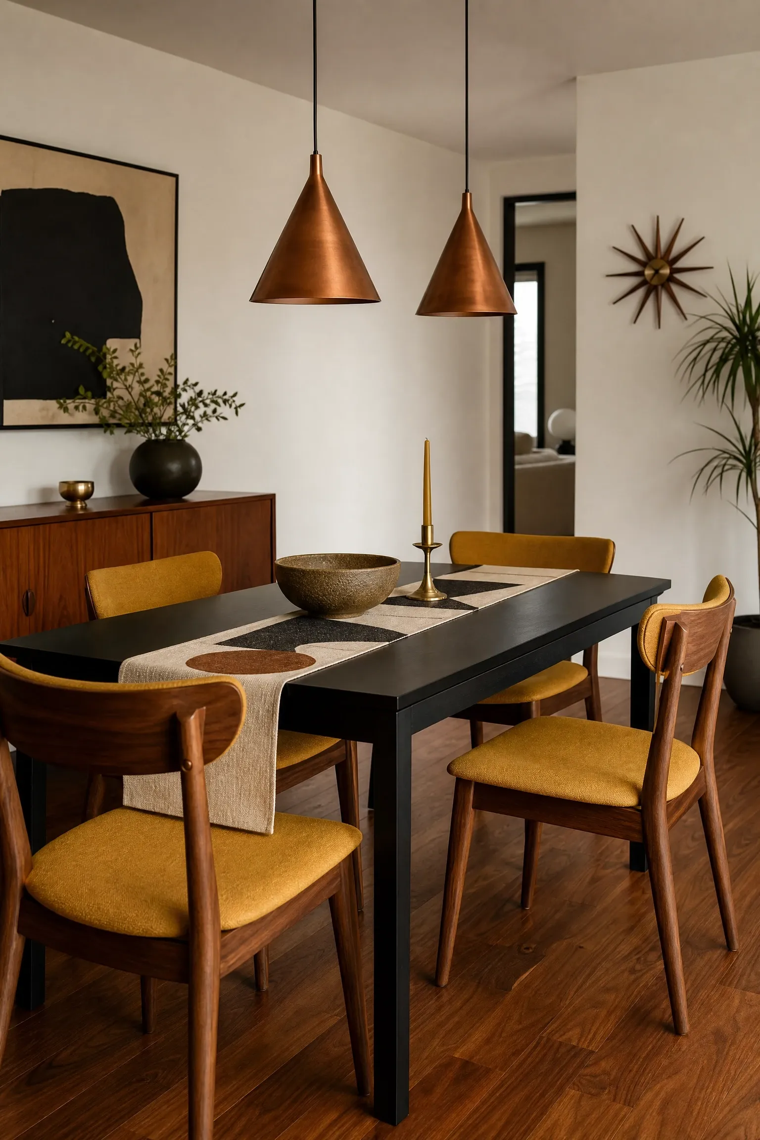 mid-century modern with walnut tones and cone pendants