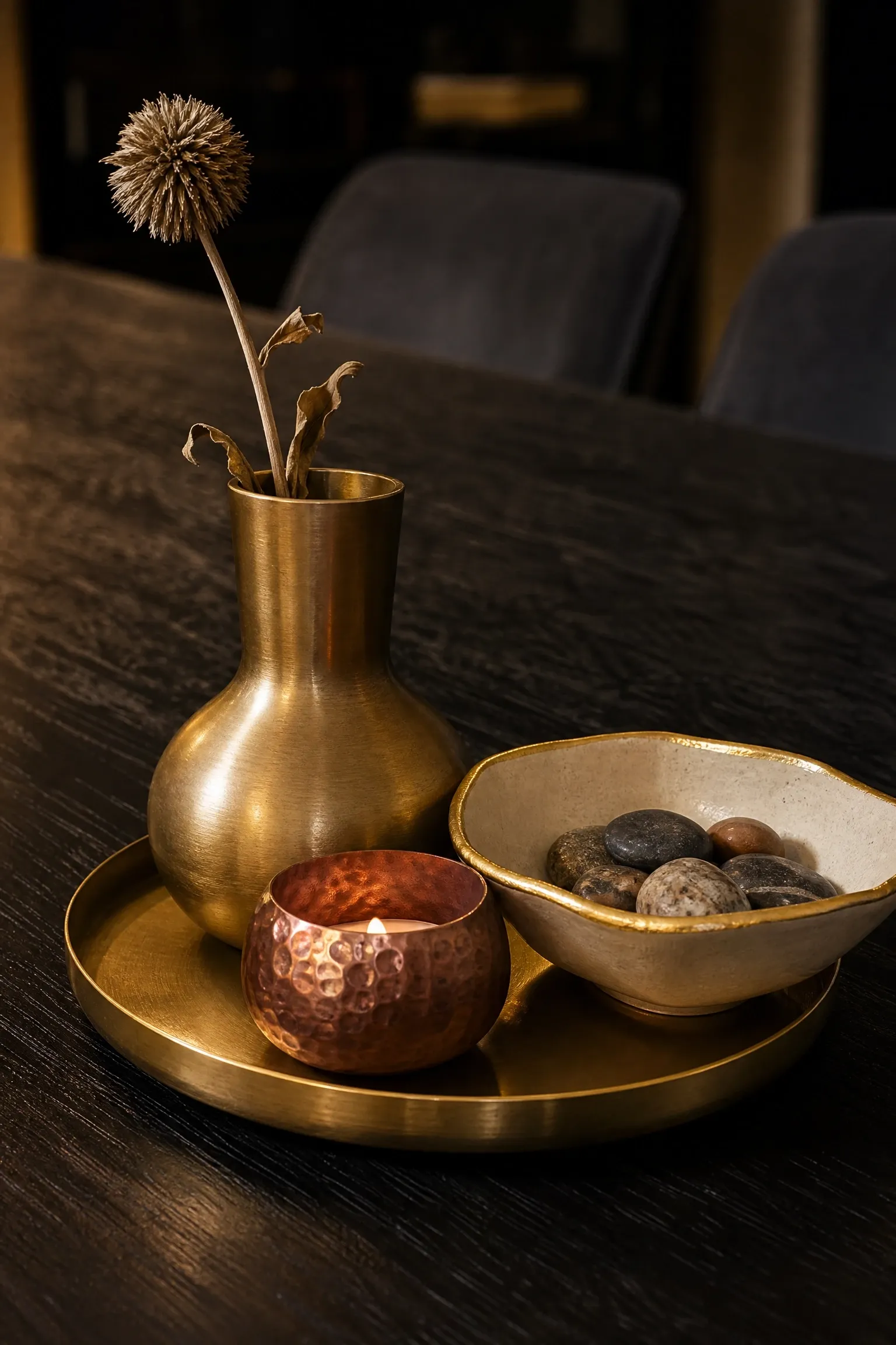 mixed metal accents in gold, brass, and copper
