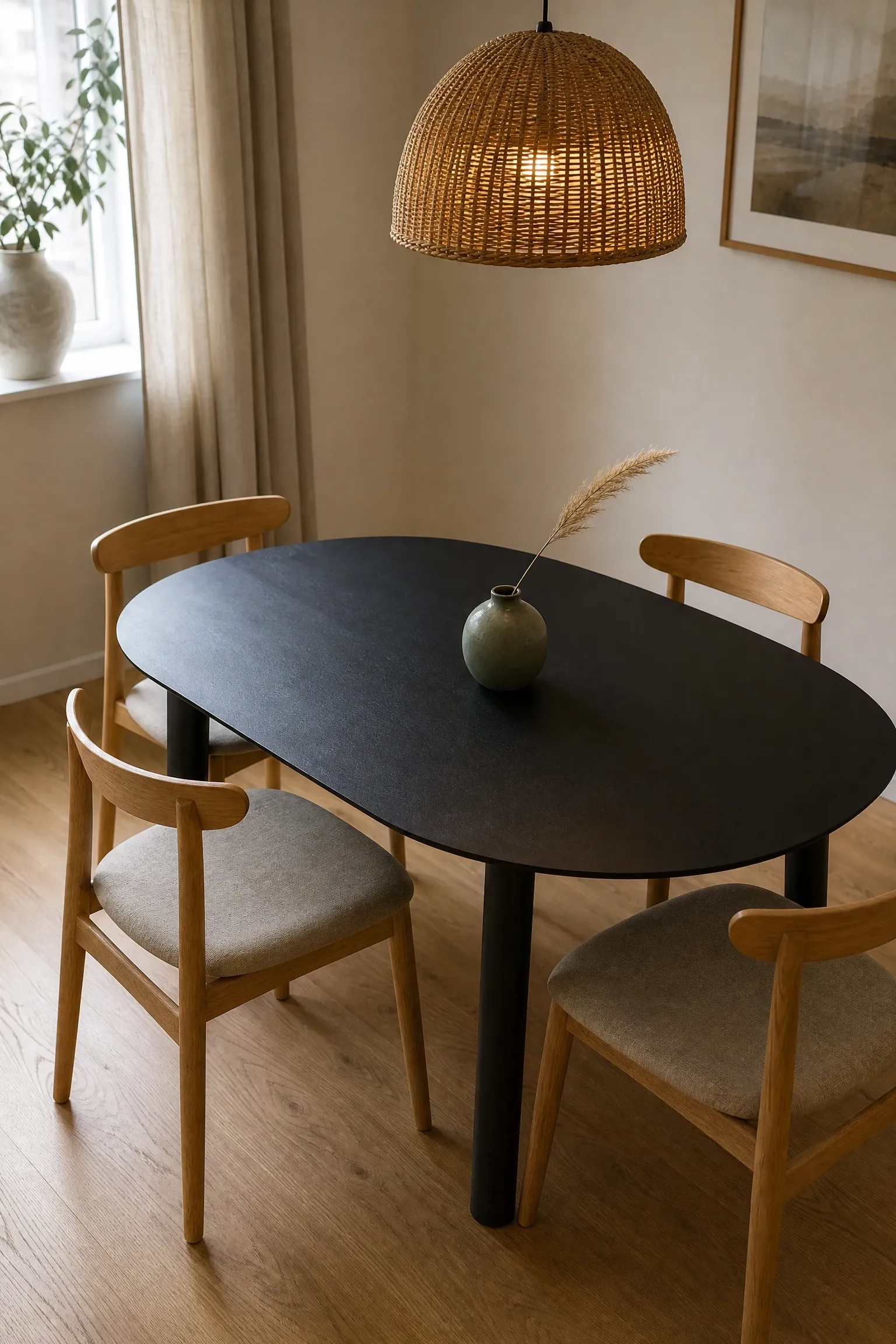 warm wood chairs with a matte black table