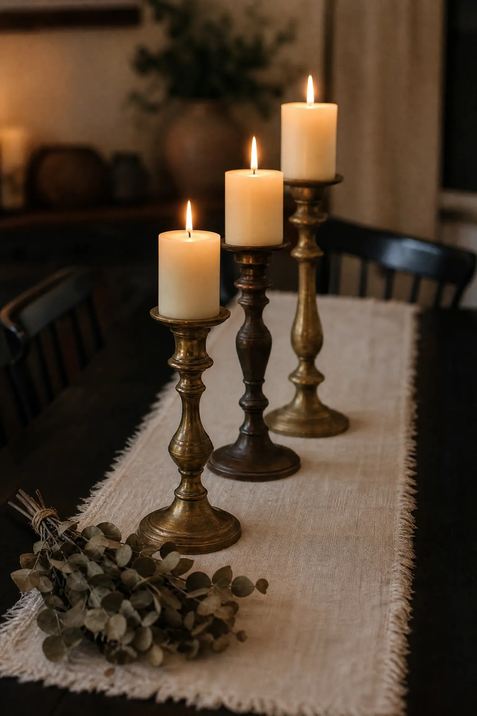 white linen table runner with sculptural candle holders
