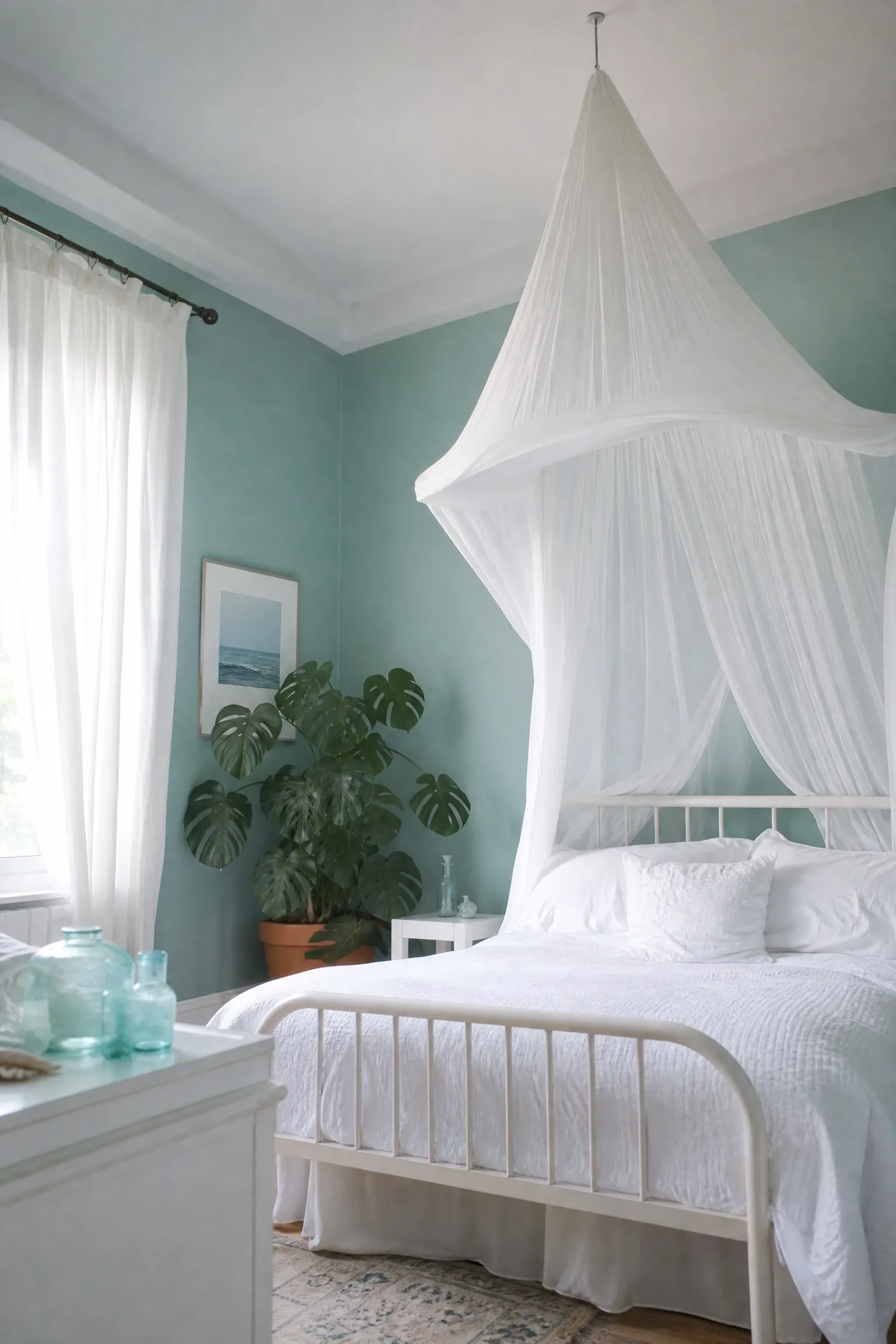 aqua and white with sheer canopy draping in a bedroom