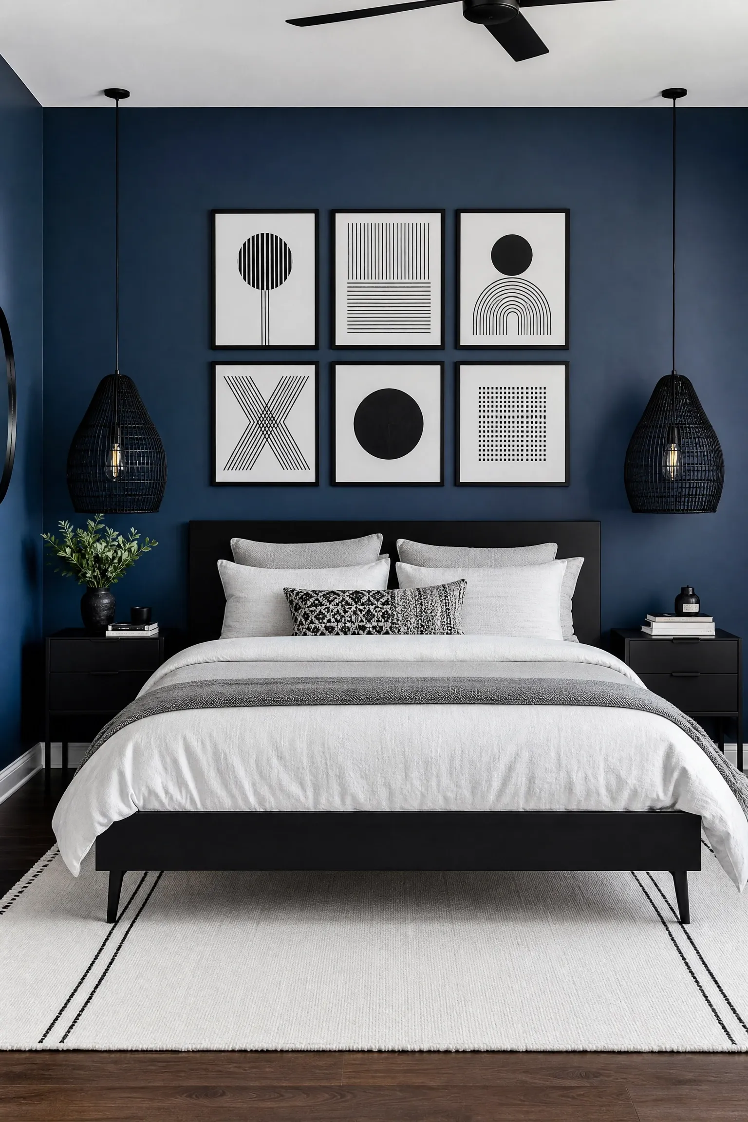 blue and black with high-contrast geometric art in a bedroom