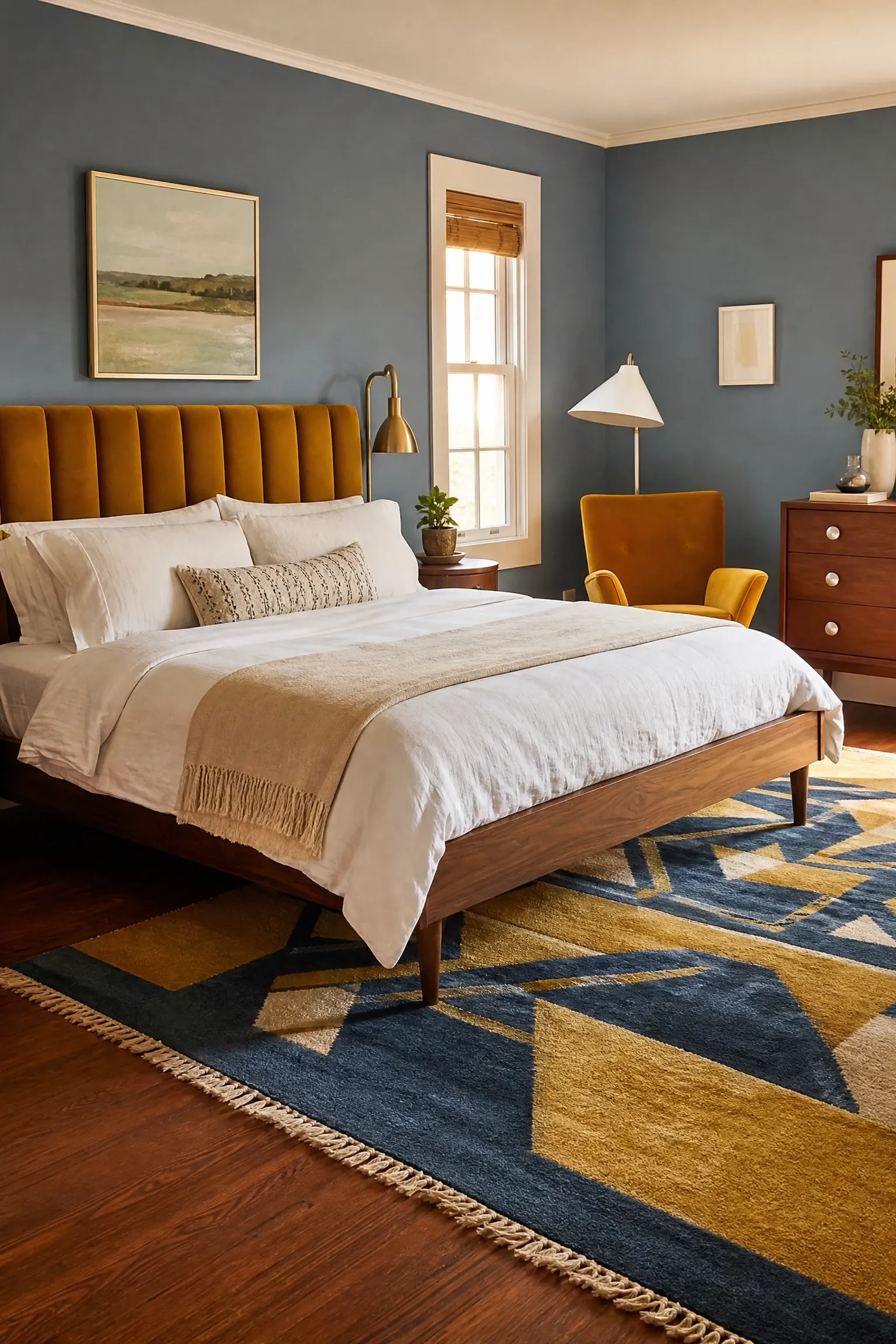 blue and mustard yellow with mid-century modern furniture in a bedroom