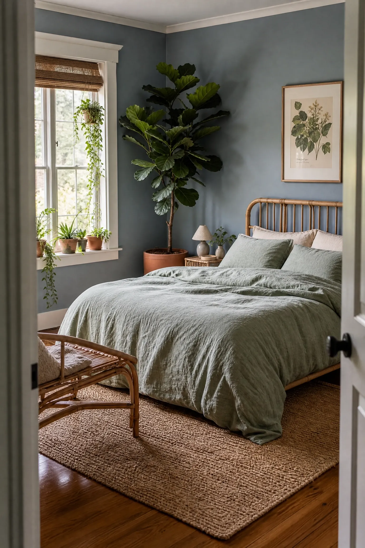 blue and sage green with biophilic design elements in a bedroom