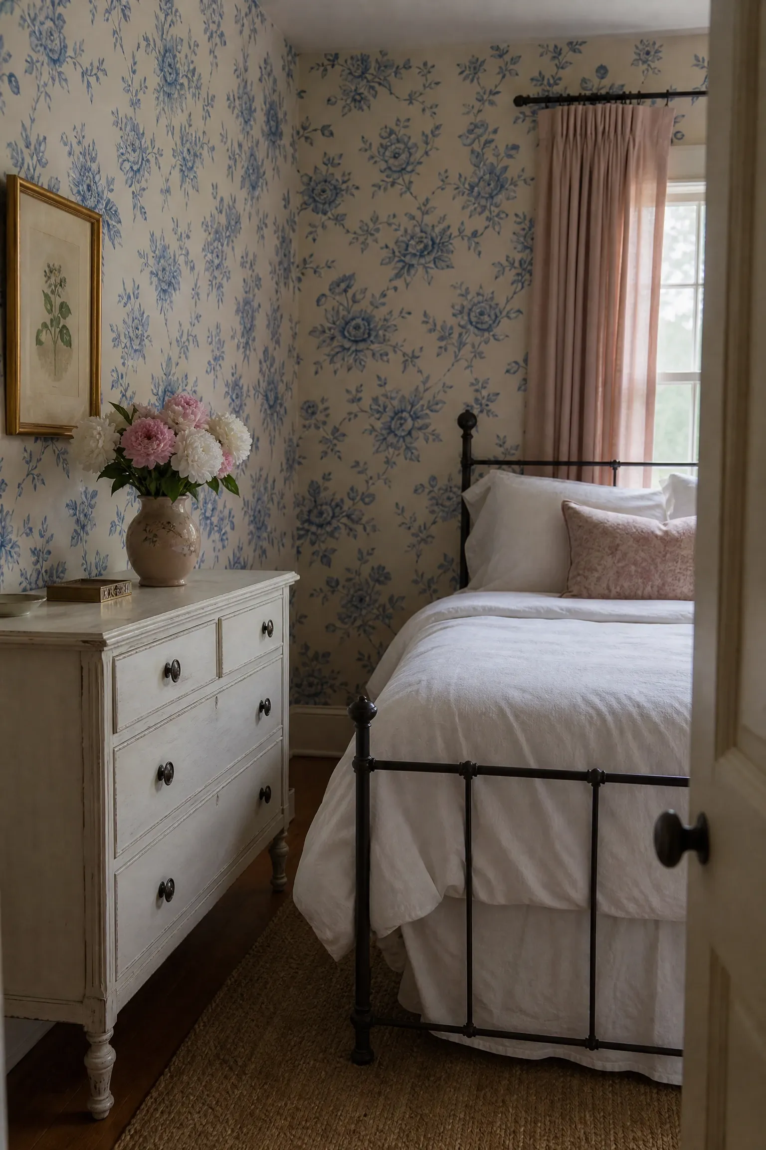 blue floral wallpaper with vintage painted furniture in a bedroom