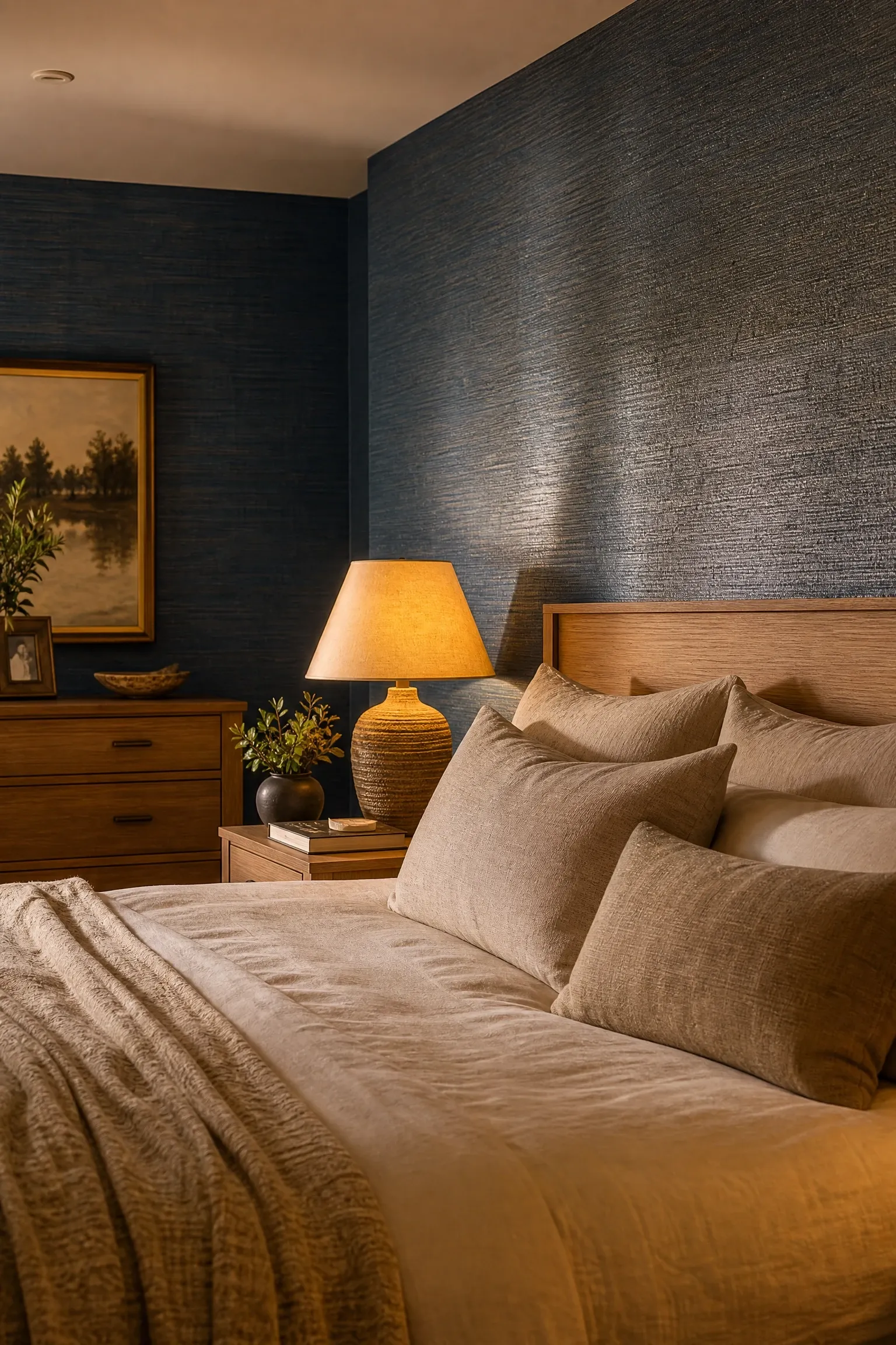 blue grasscloth wallpaper for rich texture in a bedroom