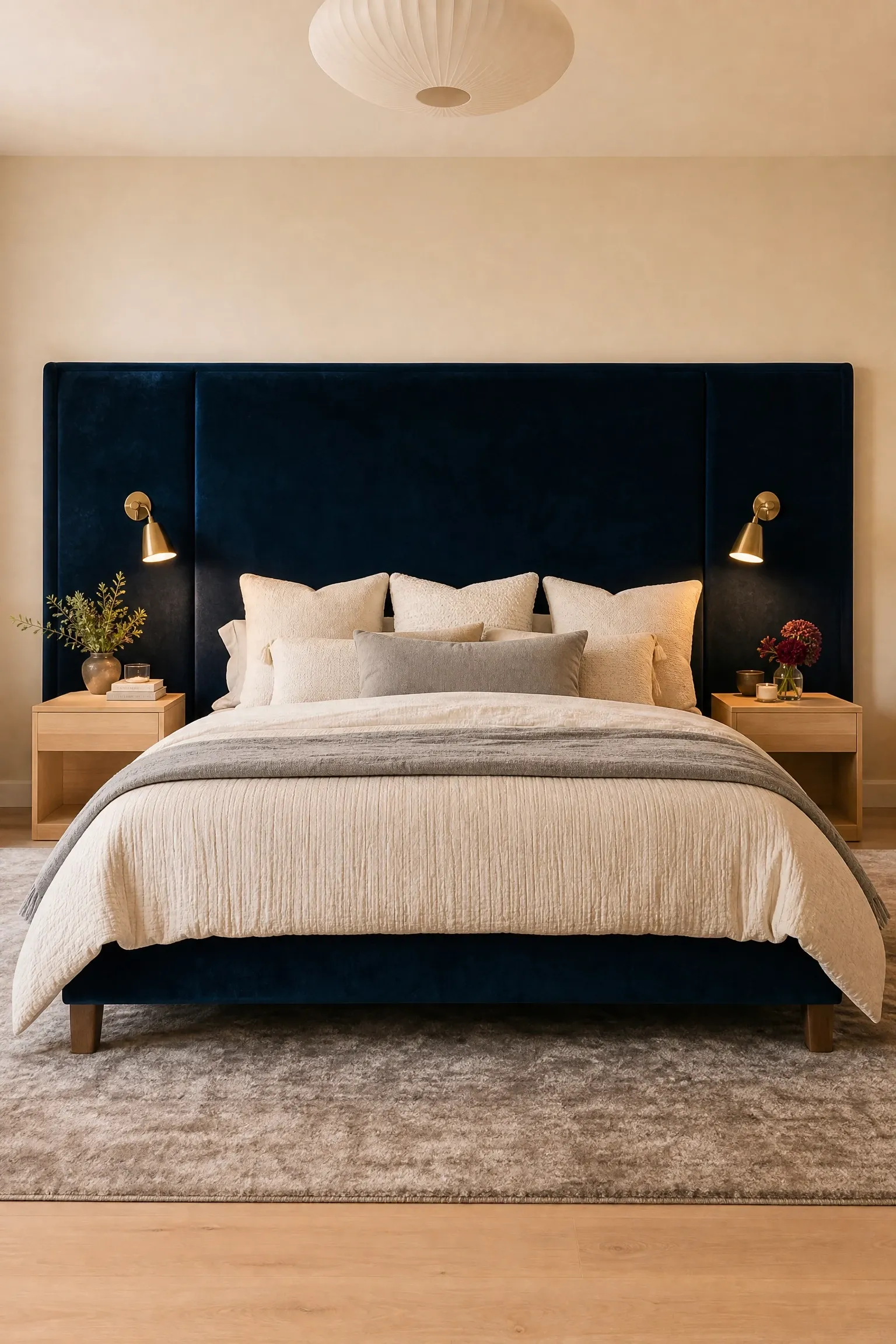 blue upholstered headboard as the entire color statement in a bedroom