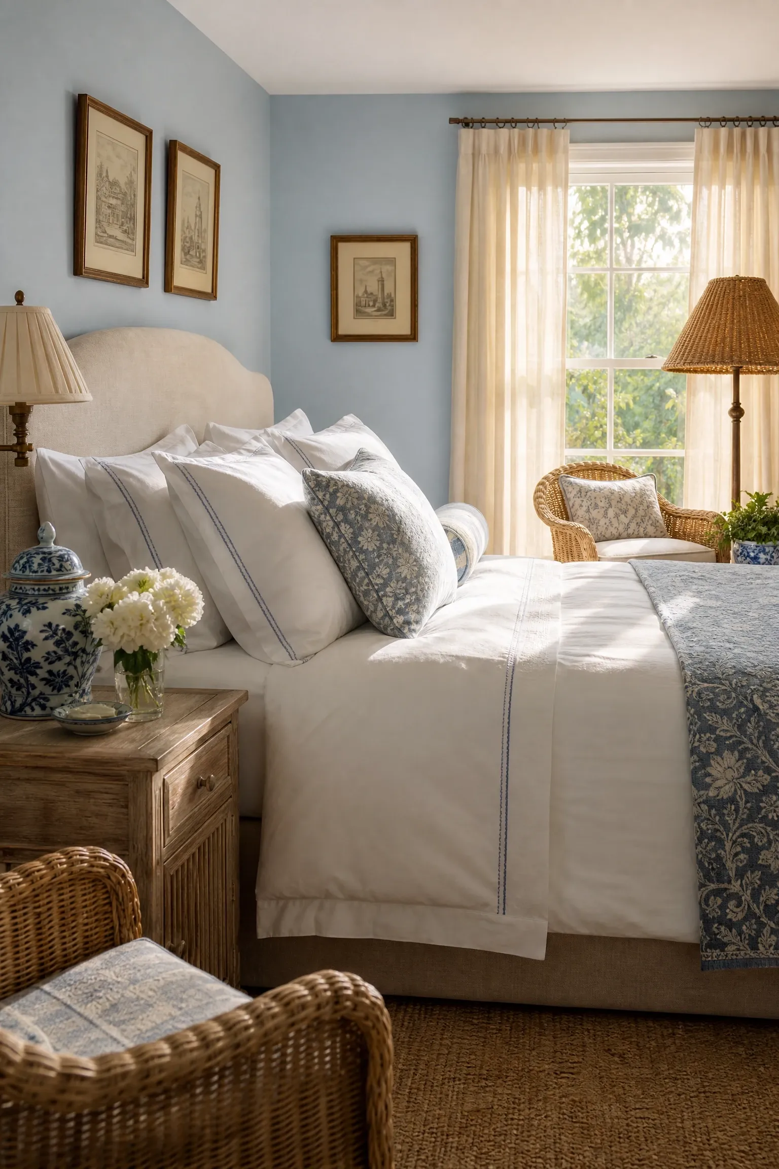 classic coastal grandmother with ginger jars and white bedding in a bedroom