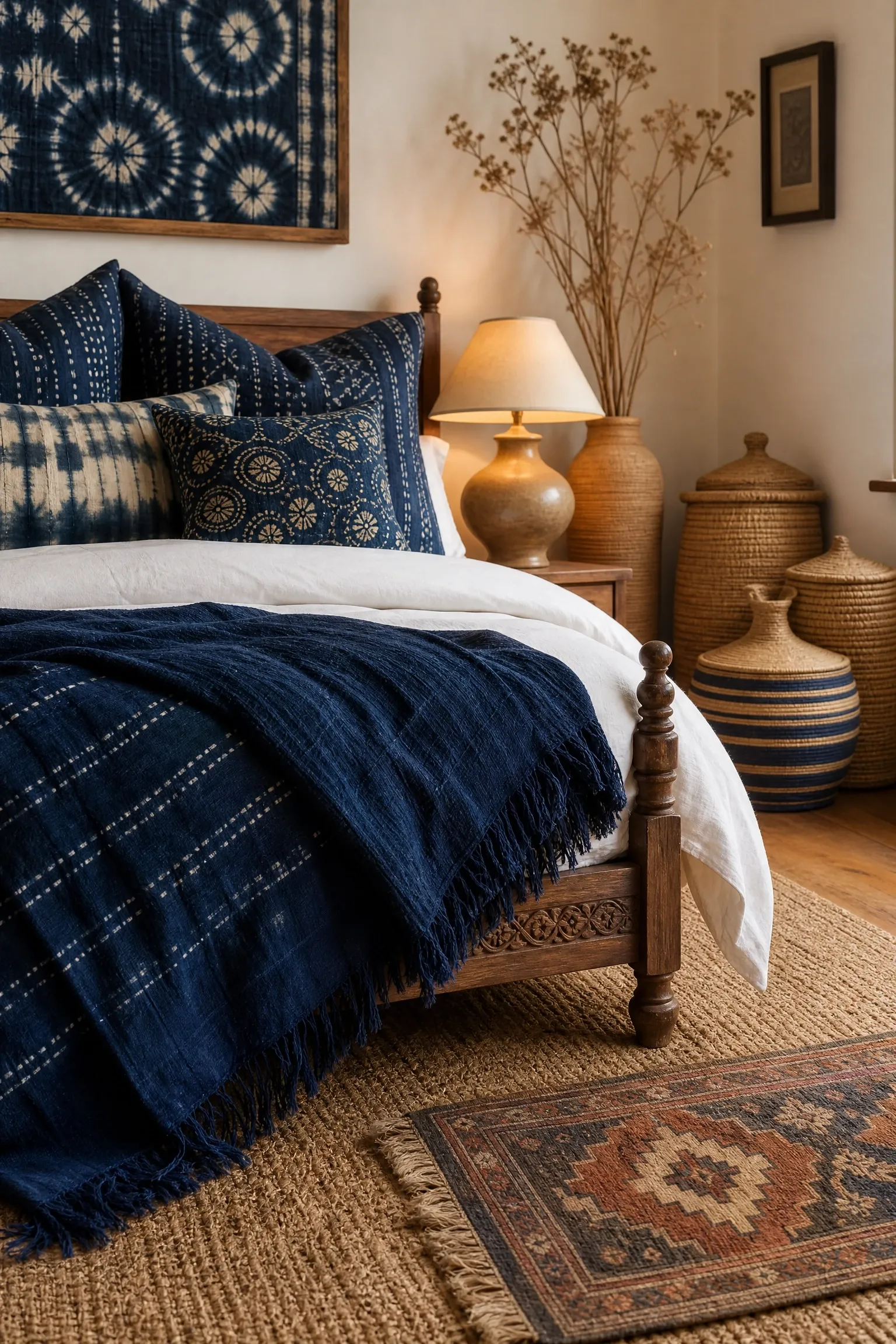 coastal indigo with batik textiles and woven accents in a bedroom