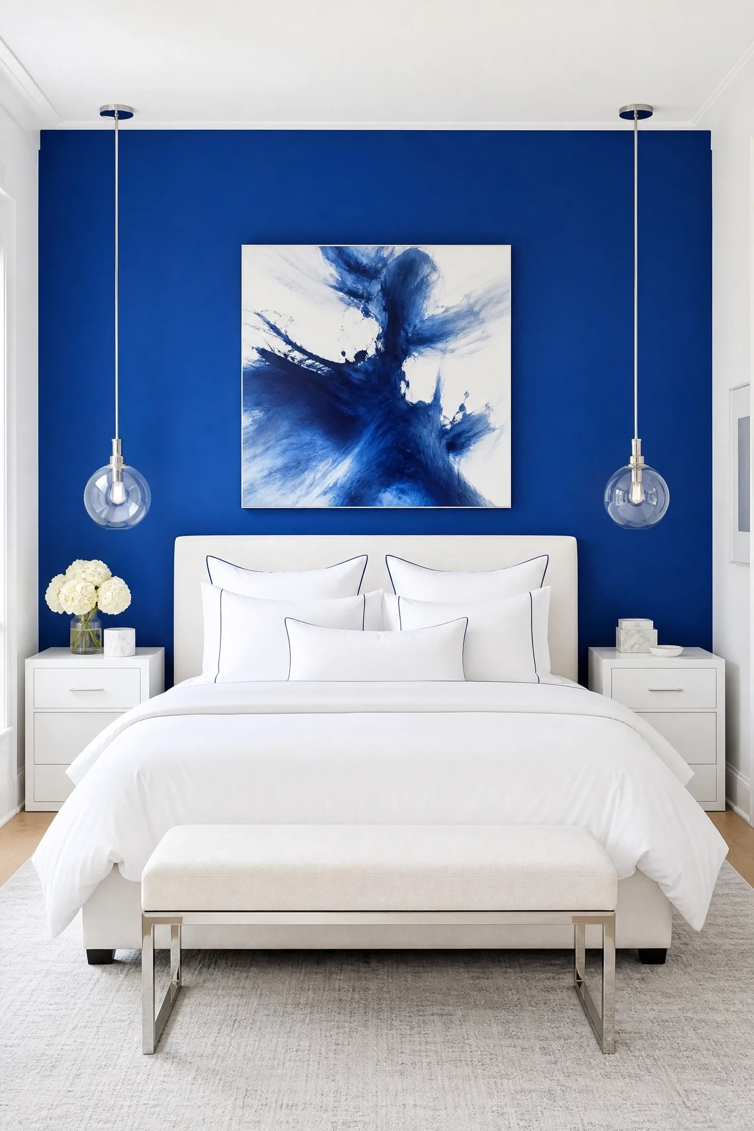 cobalt blue as a statement headboard wall in a bedroom