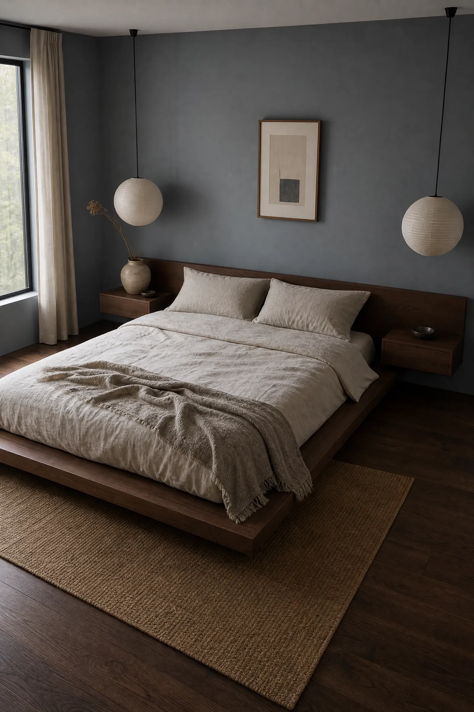 dusty blue japandi bedroom with wabi-sabi accents
