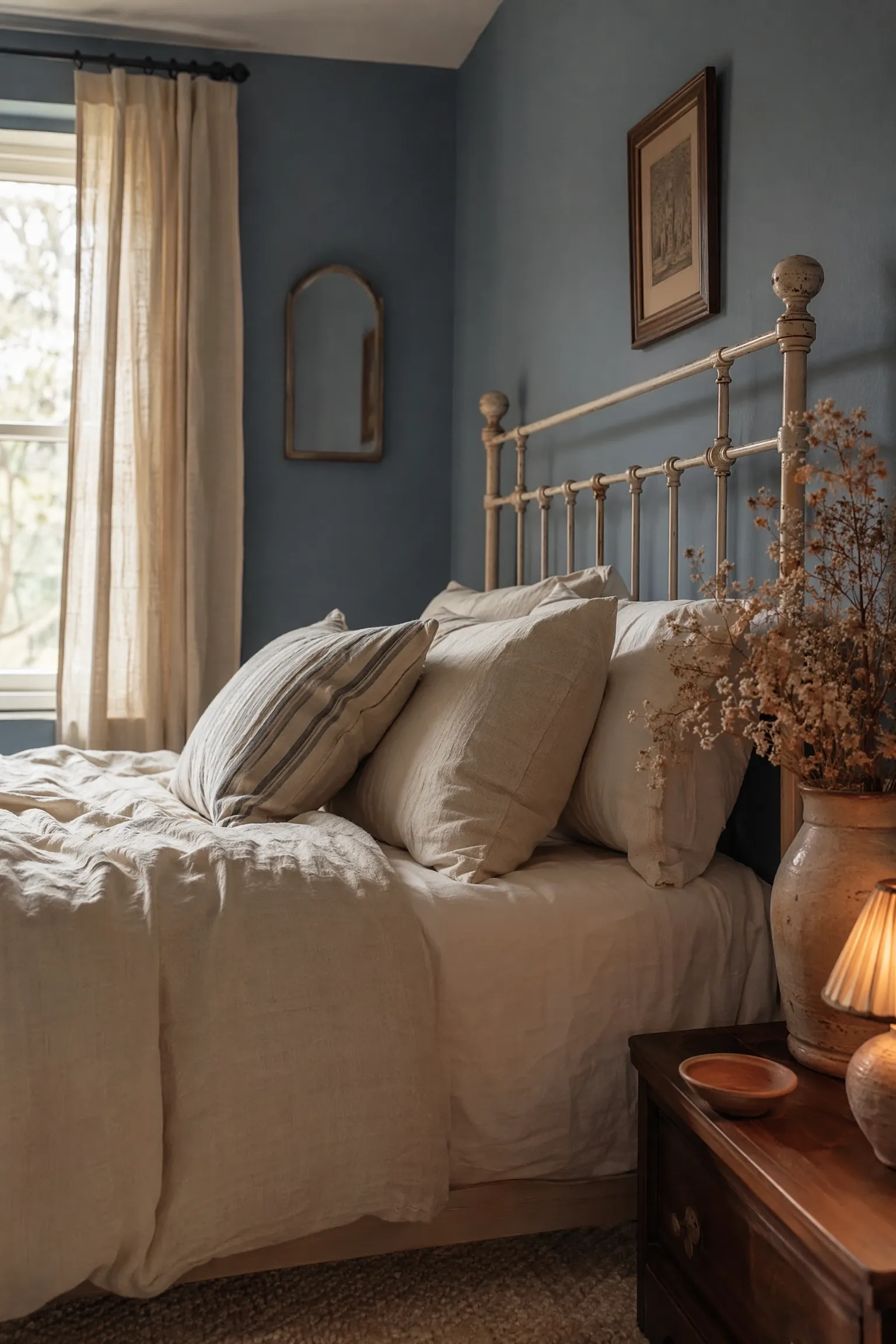 french blue and warm linen for a relaxed european feel in a bedroom
