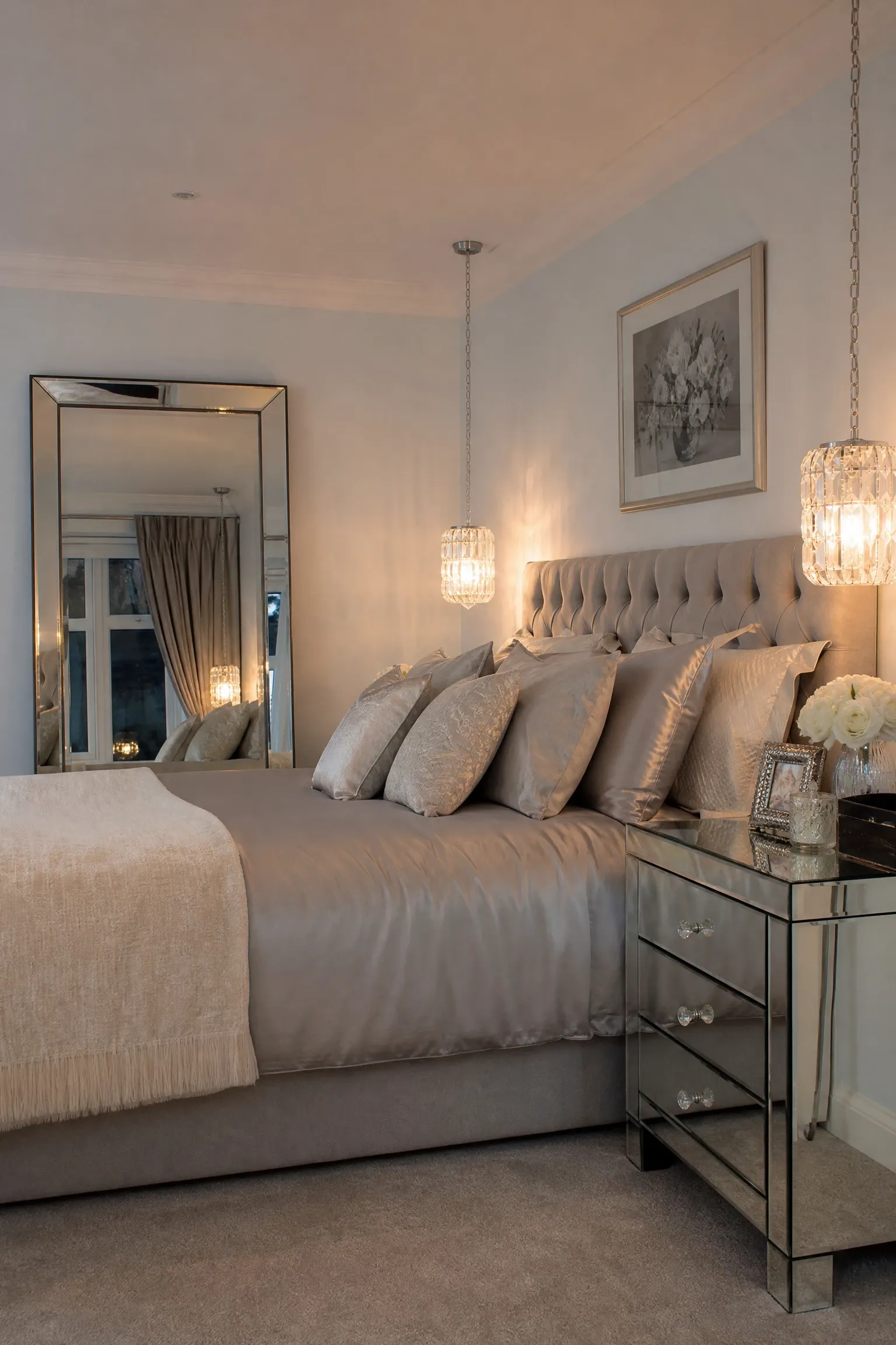 icy blue and silver with mirrored accents in a bedroom