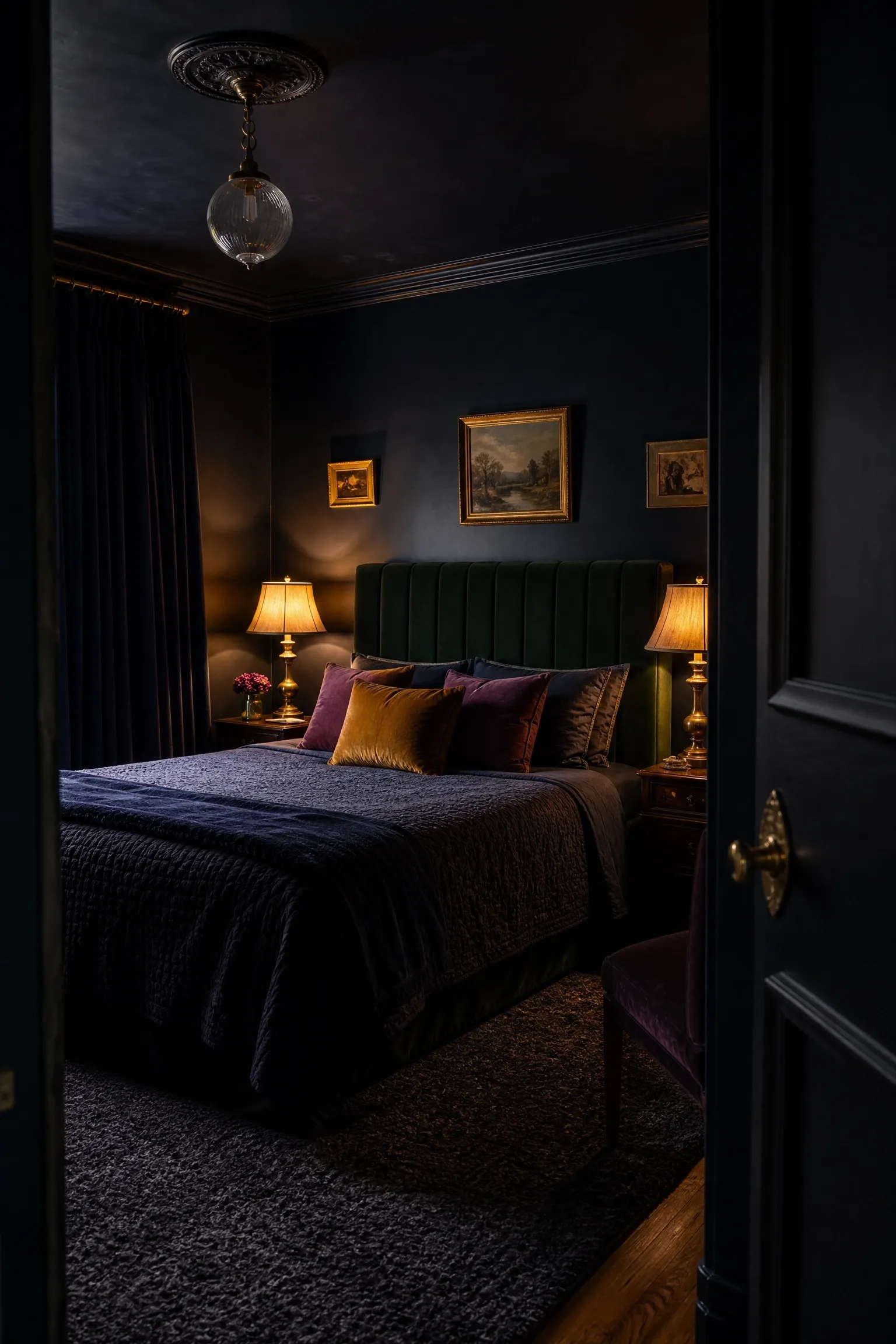 inky blue walls with brass hardware and velvet textures in a bedroom