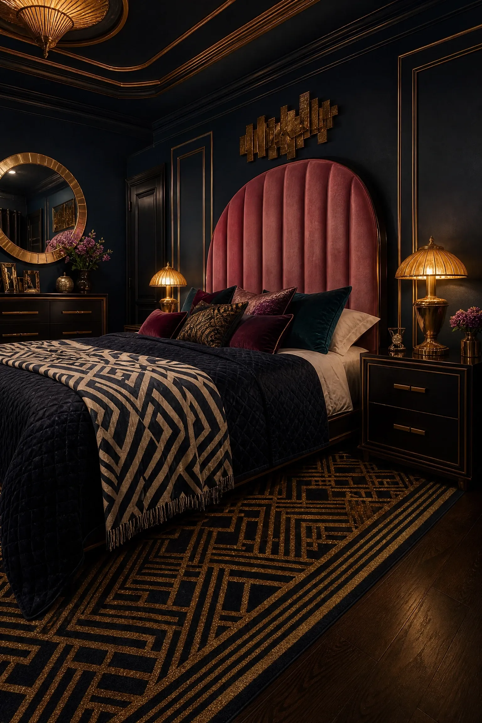 midnight blue with pink and gold art deco touches in a bedroom