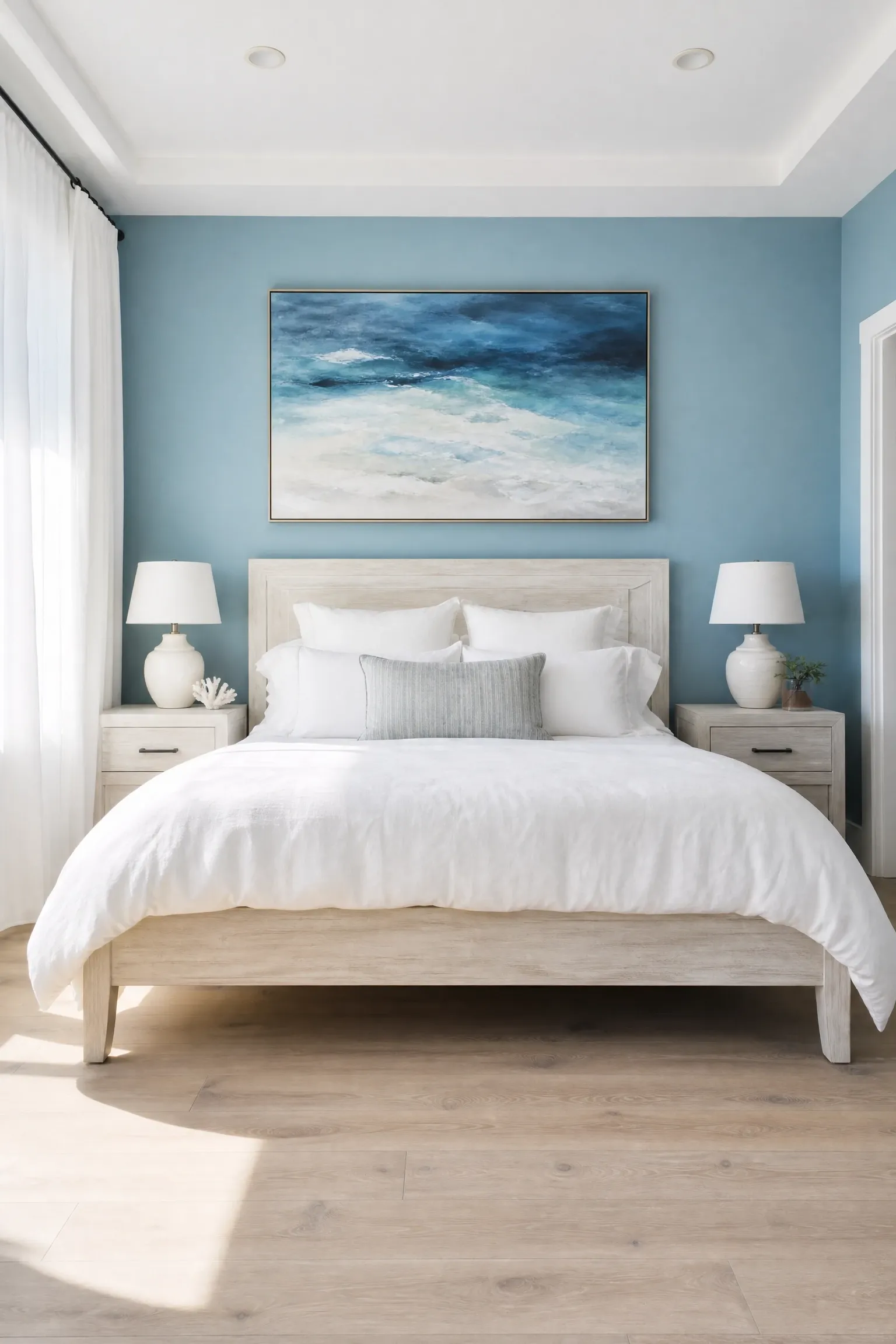 modern coastal with cerulean blue and bleached wood in a bedroom